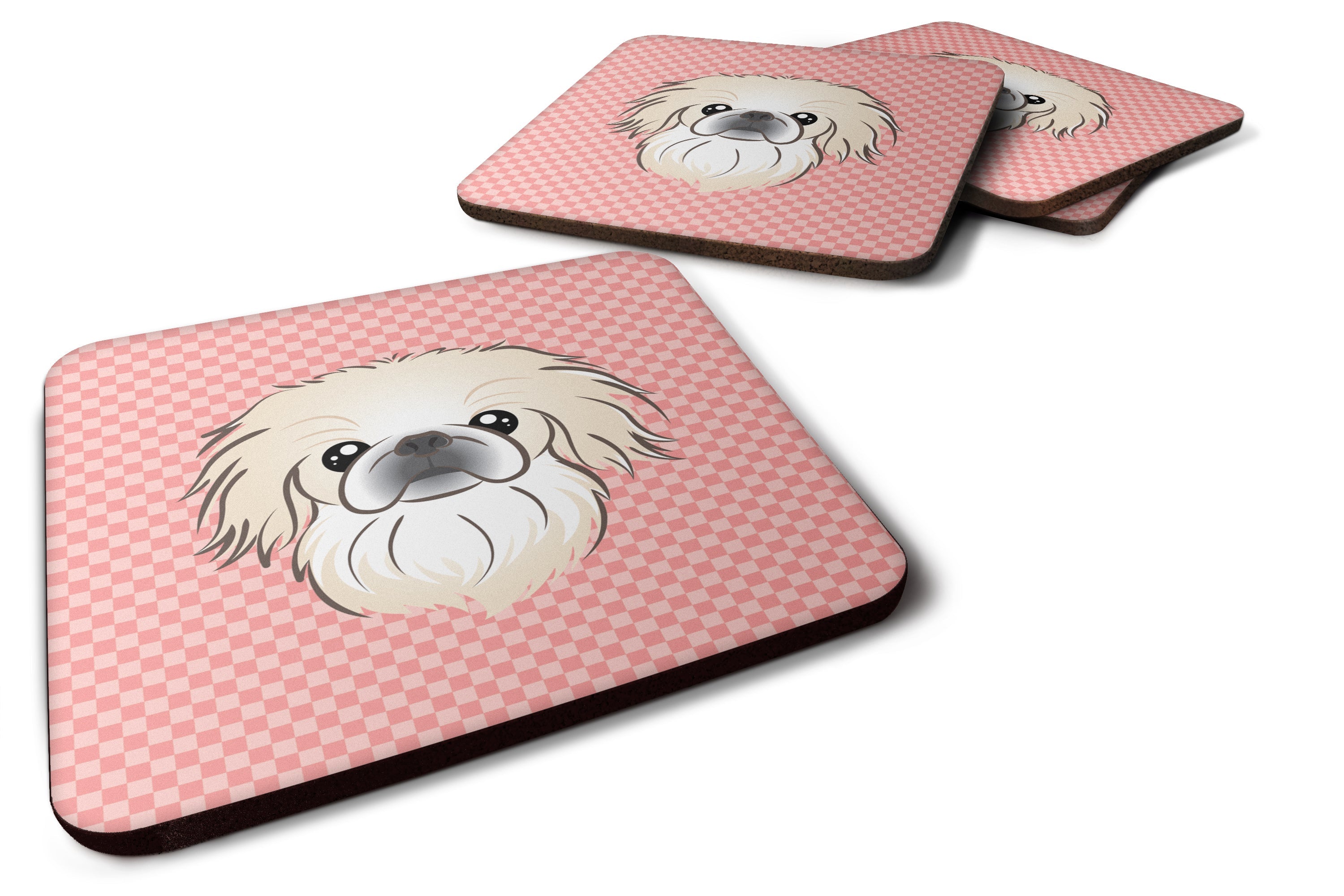 Checkerboard Pink Pekingese Foam Coasters Set of 4 Cup Coasters for Indoor Outdoor, Tabletop Protection, Anti Slip, Mouse pad Material