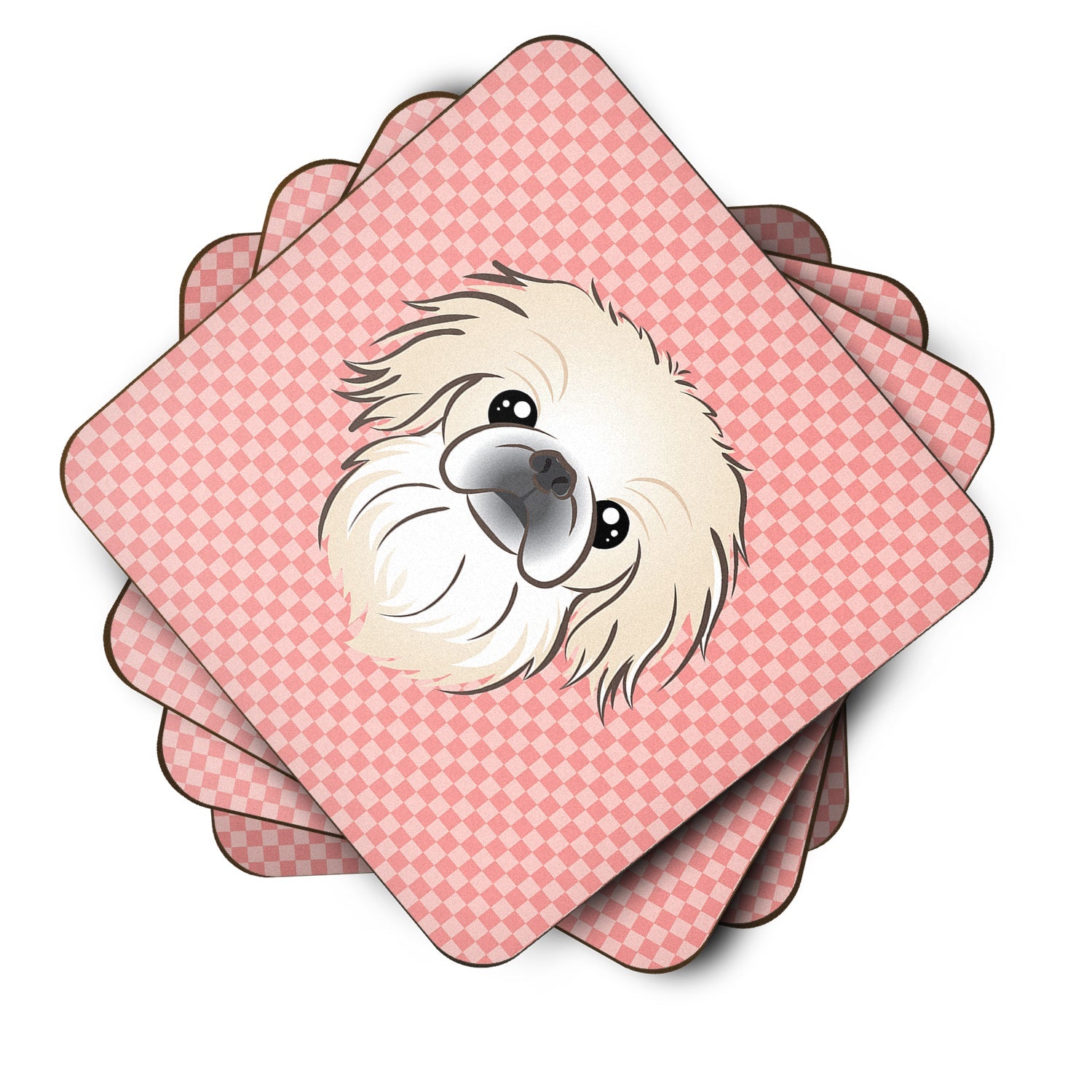 Checkerboard Pink Pekingese Foam Coasters Set of 4 Cup Coasters for Indoor Outdoor, Tabletop Protection, Anti Slip, Mouse pad Material