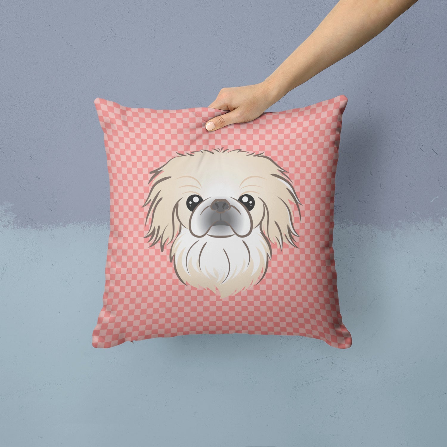 Checkerboard Pink Pekingese Decorative Throw Pillow 14x14 Indoor Outdoor Accent Cushion, Fabric Cover with Insert for Sofa, Bed, Porch & Living Room