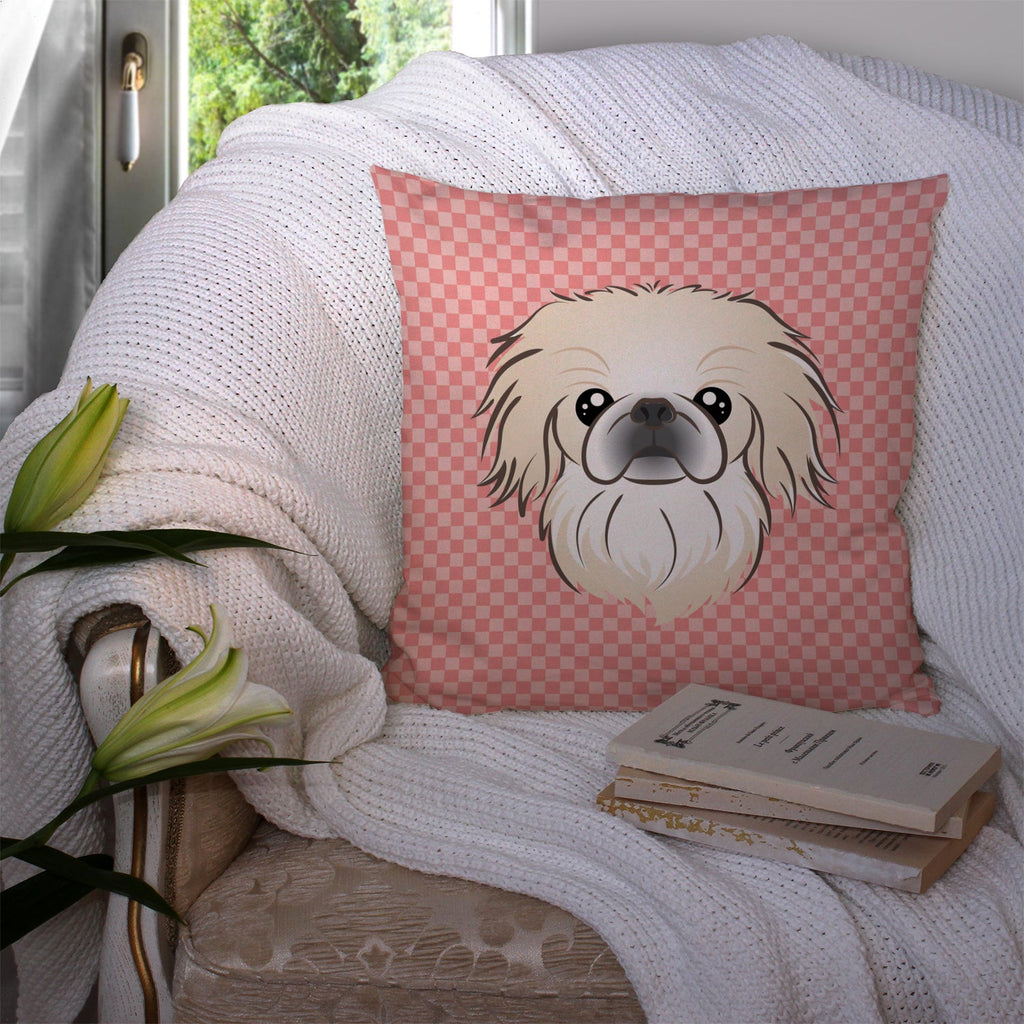 Checkerboard Pink Pekingese Decorative Throw Pillow 14x14 Indoor Outdoor Accent Cushion, Fabric Cover with Insert for Sofa, Bed, Porch & Living Room