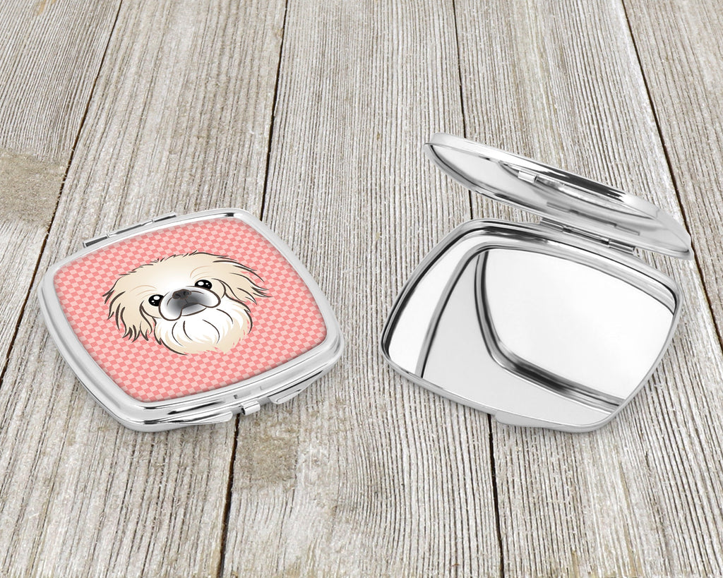 Checkerboard Pink Pekingese Compact Mirror Decorative Travel Makeup Mirror for Women Girls Gifts Pocket Makeup Mirror Folding Handheld