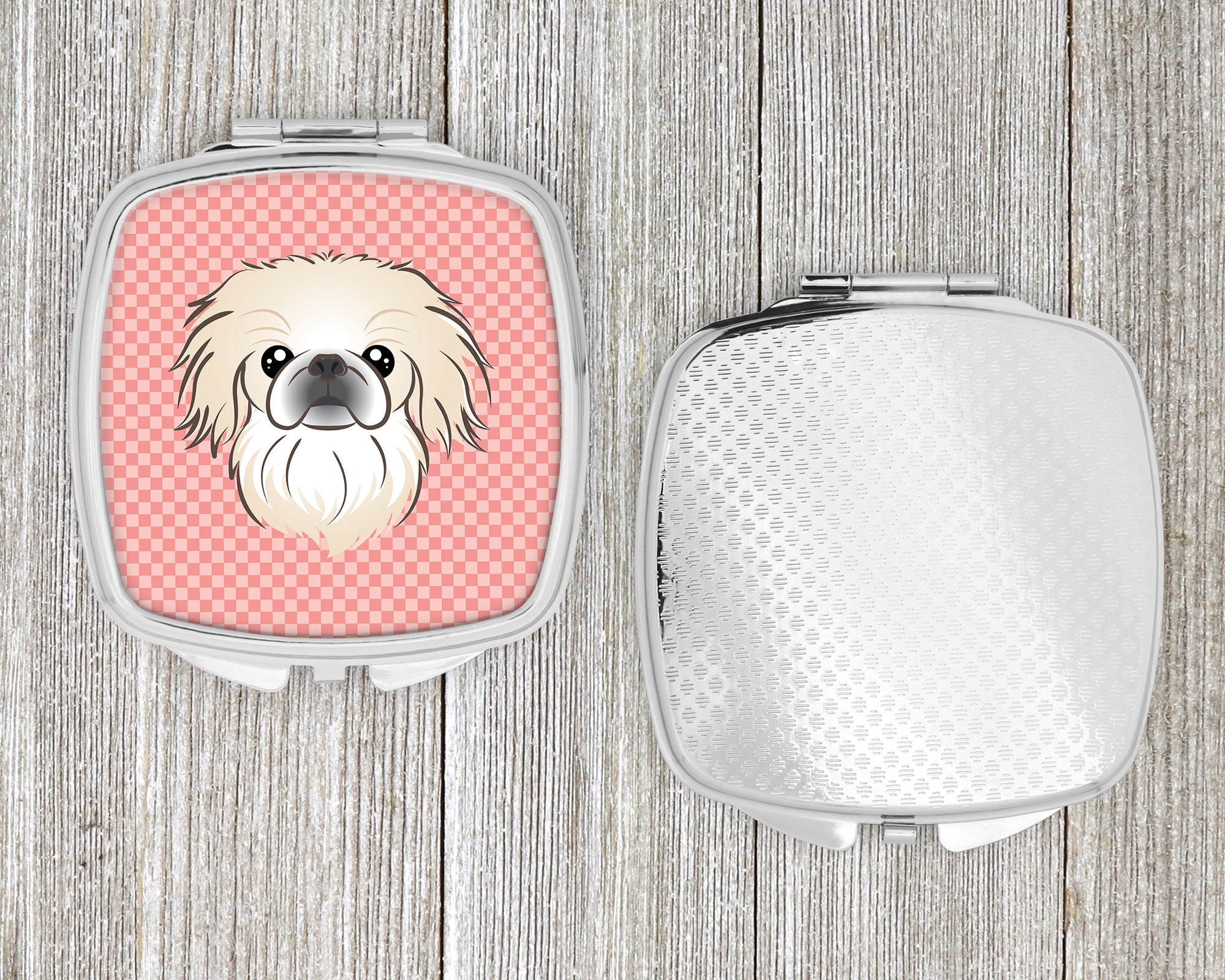 Checkerboard Pink Pekingese Compact Mirror Decorative Travel Makeup Mirror for Women Girls Gifts Pocket Makeup Mirror Folding Handheld