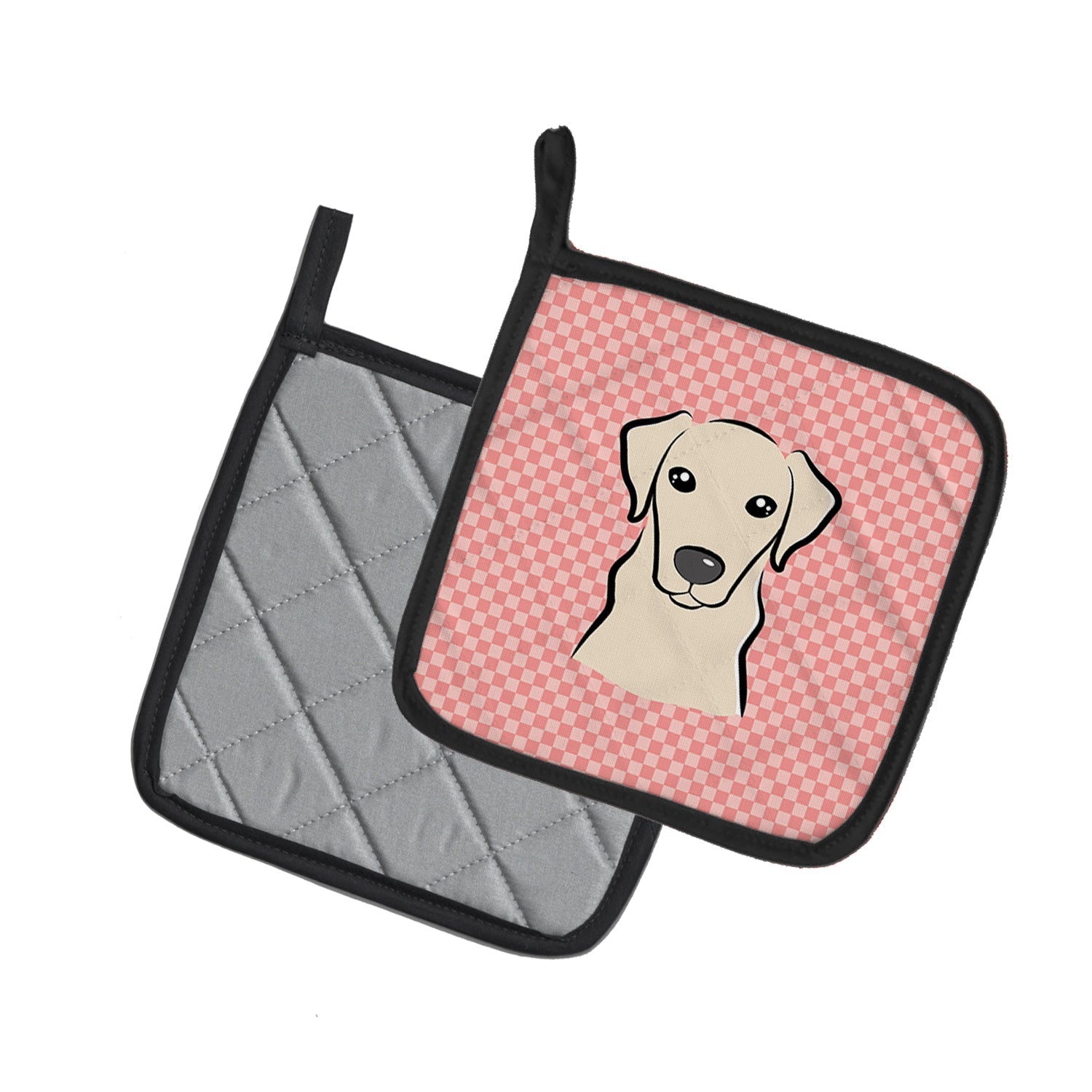 Checkerboard Pink Yellow Labrador Pot Holder Set of 2 Heat Resistant Quilted Hot Pads 7.5 x 7.5 Inch, Insulated Kitchen Trivets for Cooking & Baking
