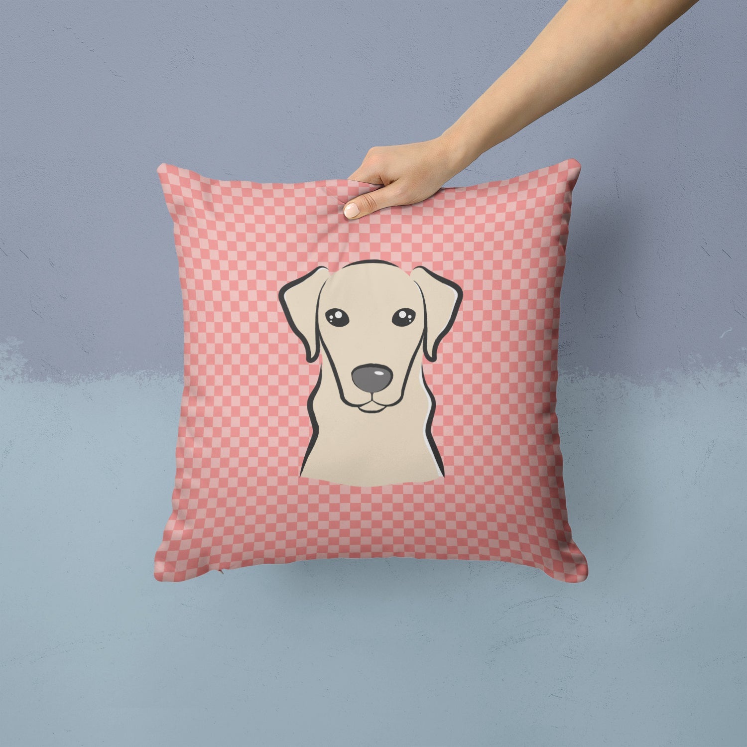 Checkerboard Pink Yellow Labrador Decorative Throw Pillow 14x14 Indoor Outdoor Accent Cushion, Fabric Cover with Insert for Sofa, Bed, Porch & Living Room