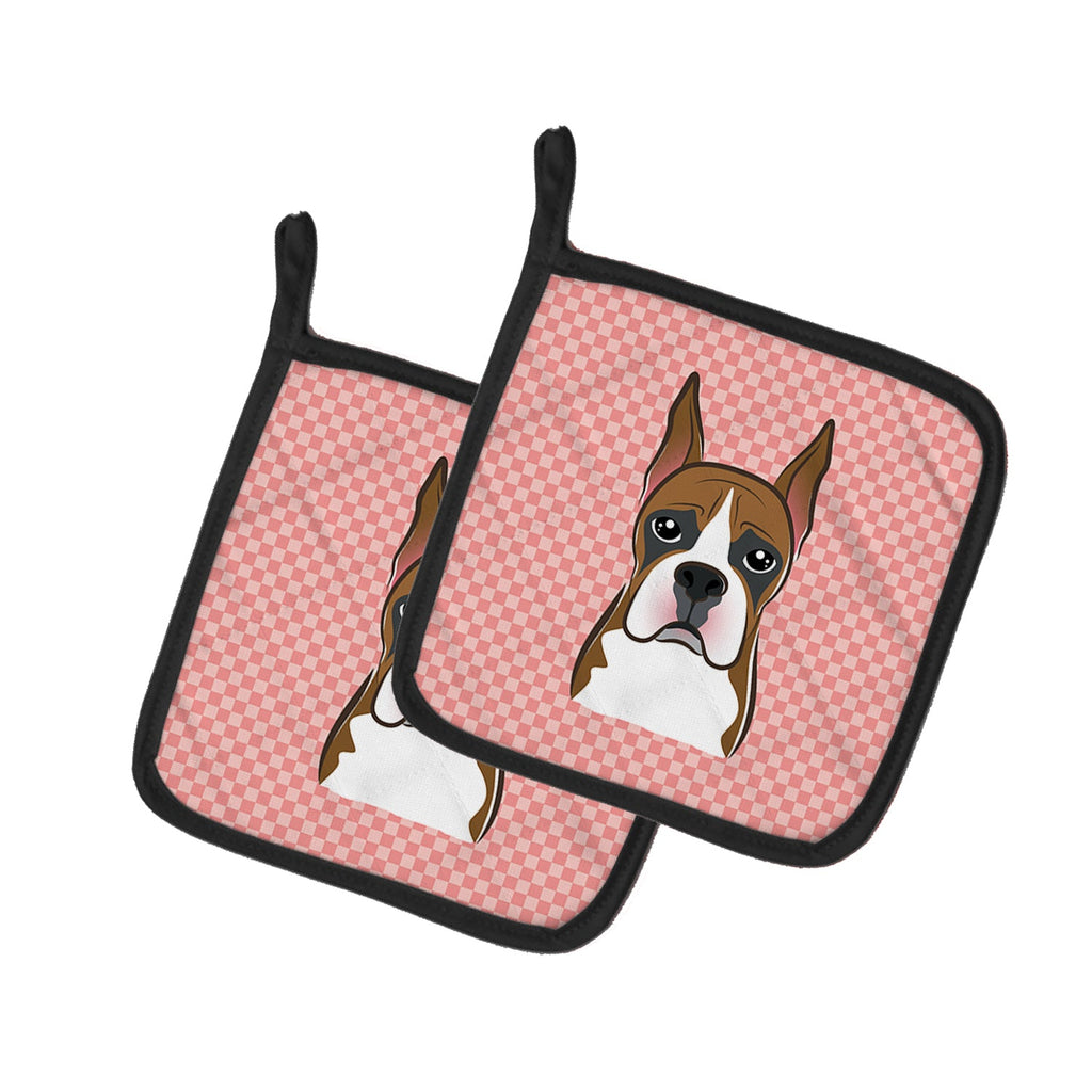 Checkerboard Pink Boxer Pot Holder Set of 2 Heat Resistant Quilted Hot Pads 7.5 x 7.5 Inch, Insulated Kitchen Trivets for Cooking & Baking