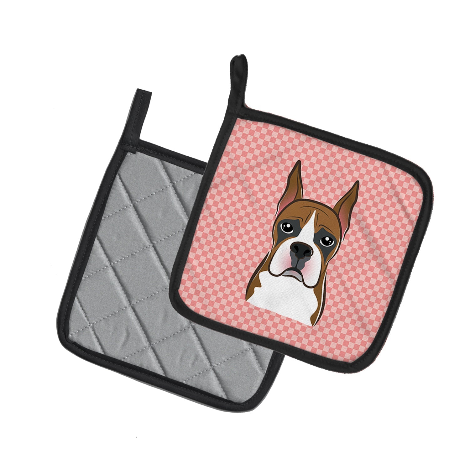 Checkerboard Pink Boxer Pot Holder Set of 2 Heat Resistant Quilted Hot Pads 7.5 x 7.5 Inch, Insulated Kitchen Trivets for Cooking & Baking