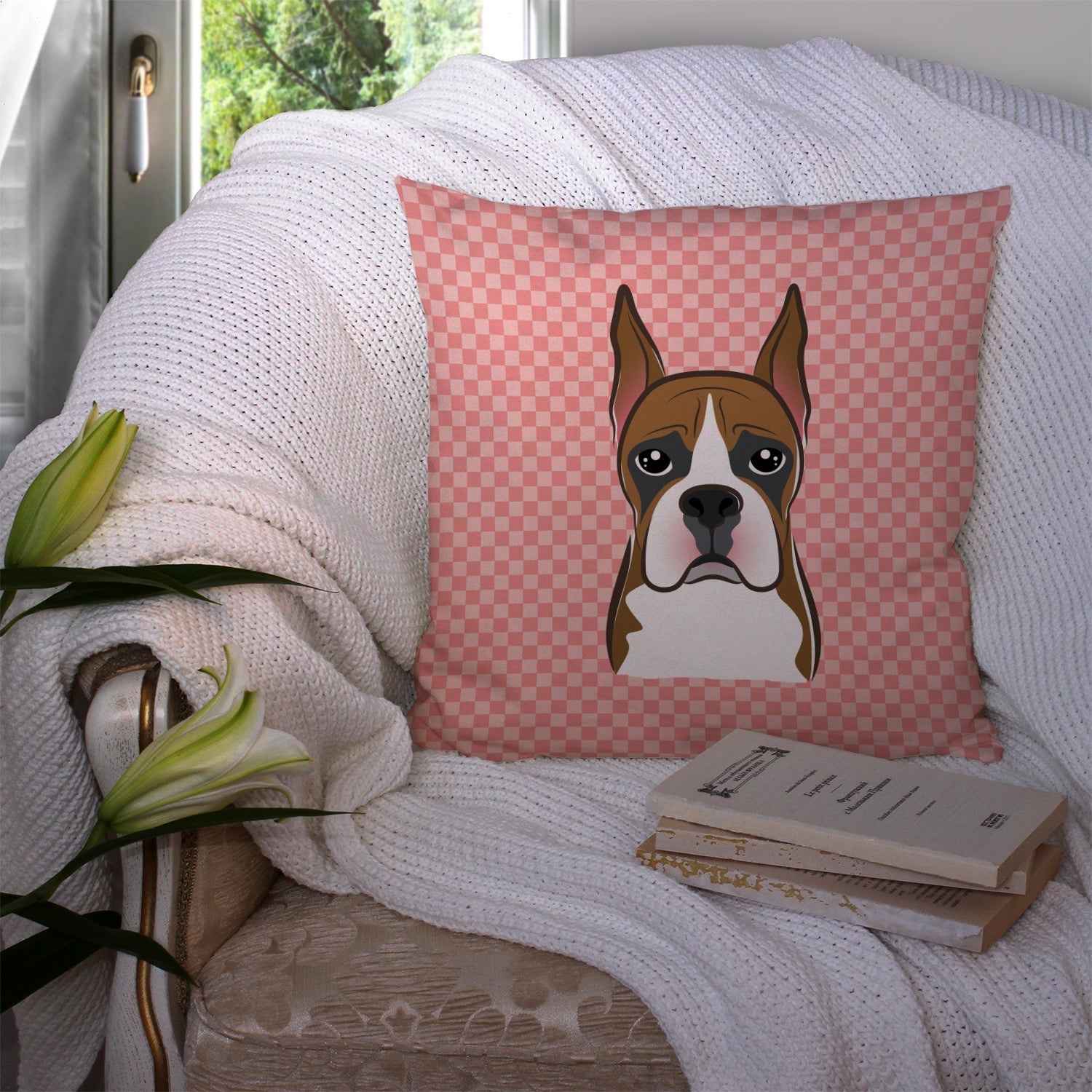 Checkerboard Pink Boxer Decorative Throw Pillow 14x14 Indoor Outdoor Accent Cushion, Fabric Cover with Insert for Sofa, Bed, Porch & Living Room