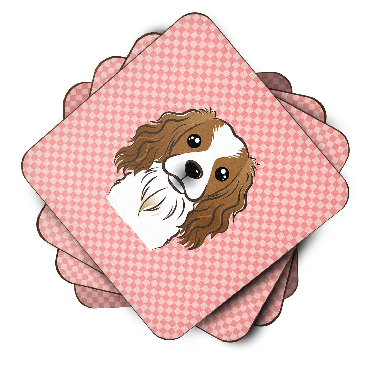 Checkerboard Pink Cavalier Spaniel Foam Coasters Set of 4 Cup Coasters for Indoor Outdoor, Tabletop Protection, Anti Slip, Mouse pad Material