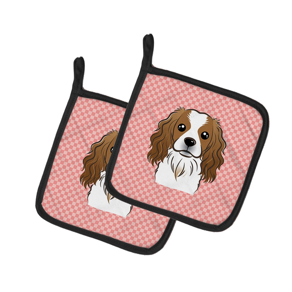 Checkerboard Pink Cavalier Spaniel Pot Holder Set of 2 Heat Resistant Quilted Hot Pads 7.5 x 7.5 Inch, Insulated Kitchen Trivets for Cooking & Baking