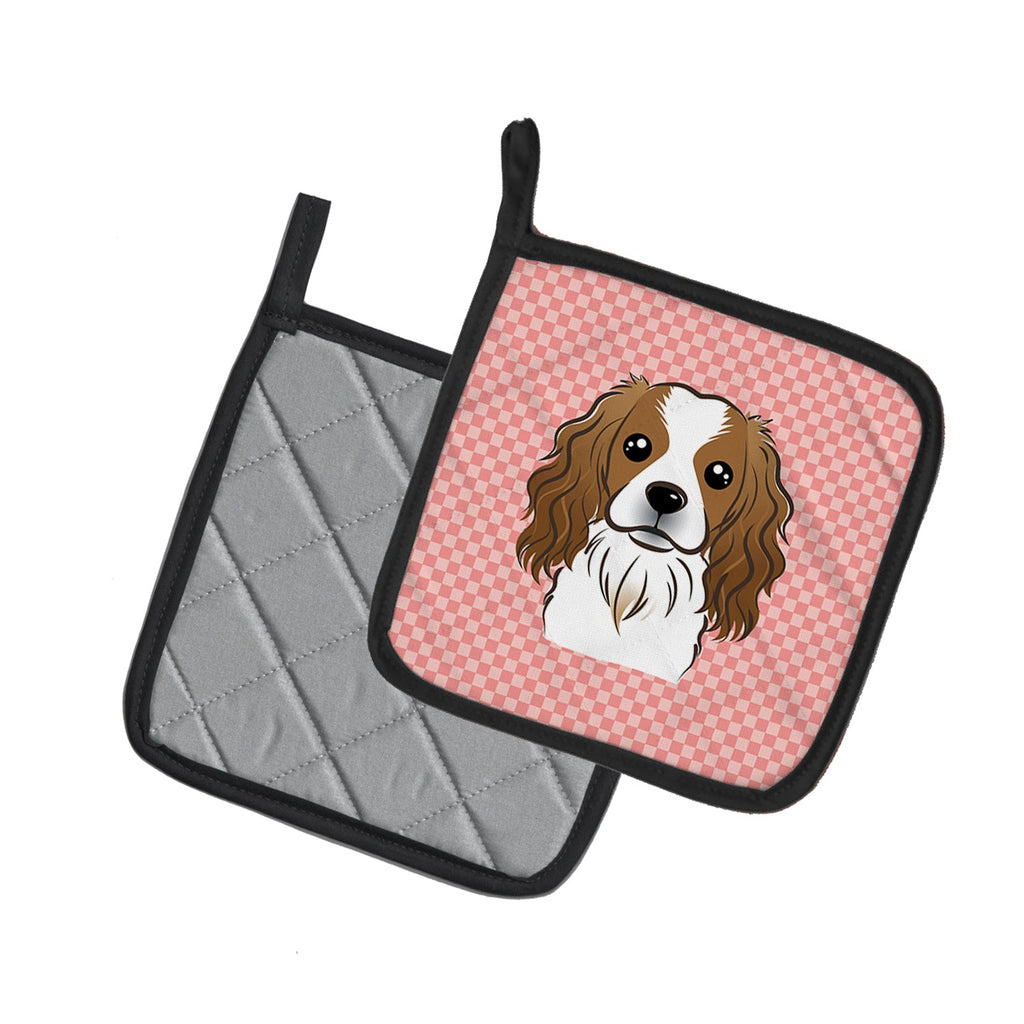 Checkerboard Pink Cavalier Spaniel Pot Holder Set of 2 Heat Resistant Quilted Hot Pads 7.5 x 7.5 Inch, Insulated Kitchen Trivets for Cooking & Baking