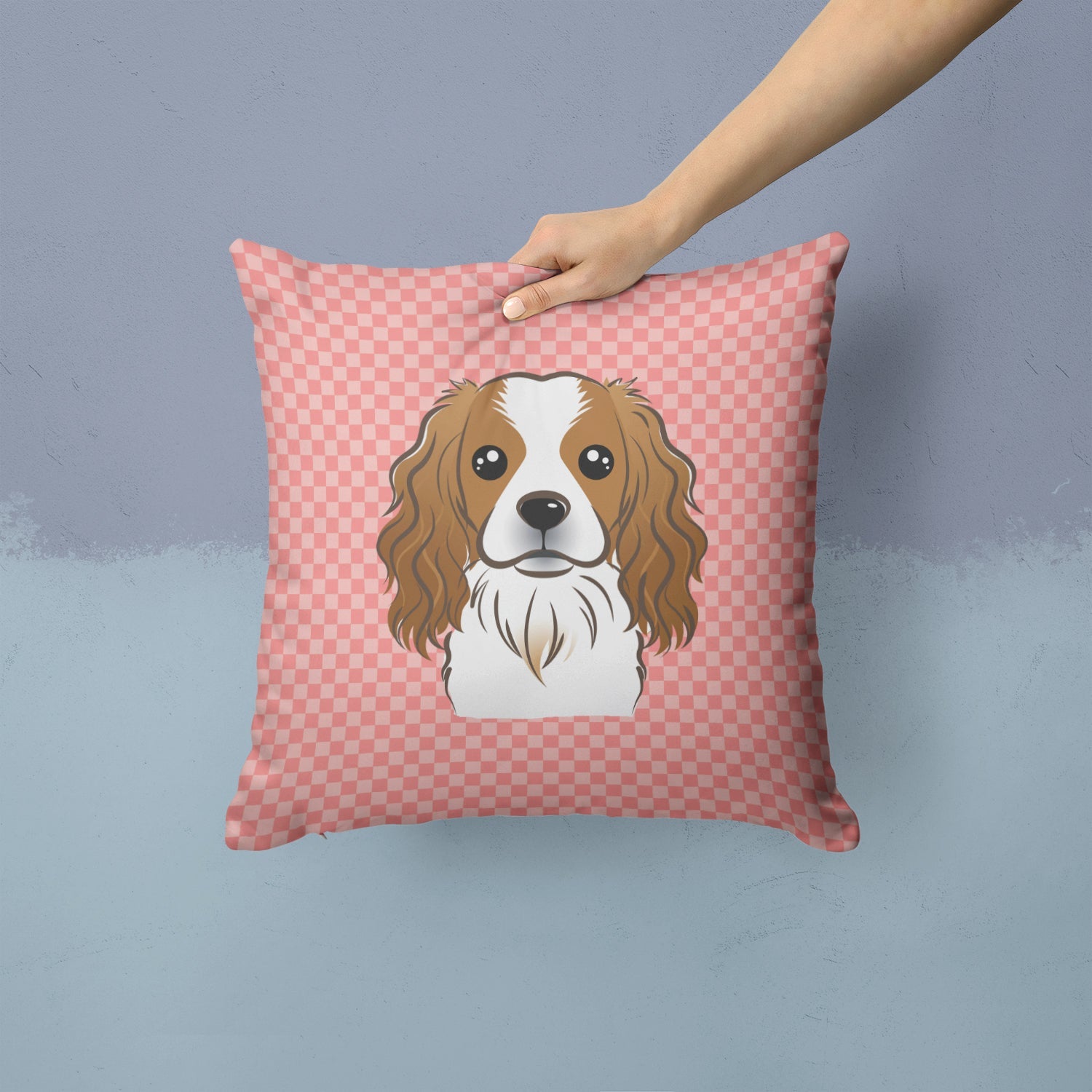 Checkerboard Pink Cavalier Spaniel Decorative Throw Pillow 14x14 Indoor Outdoor Accent Cushion, Fabric Cover with Insert for Sofa, Bed, Porch & Living Room