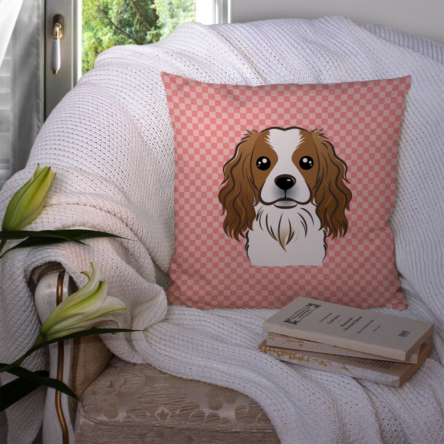 Checkerboard Pink Cavalier Spaniel Decorative Throw Pillow 14x14 Indoor Outdoor Accent Cushion, Fabric Cover with Insert for Sofa, Bed, Porch & Living Room