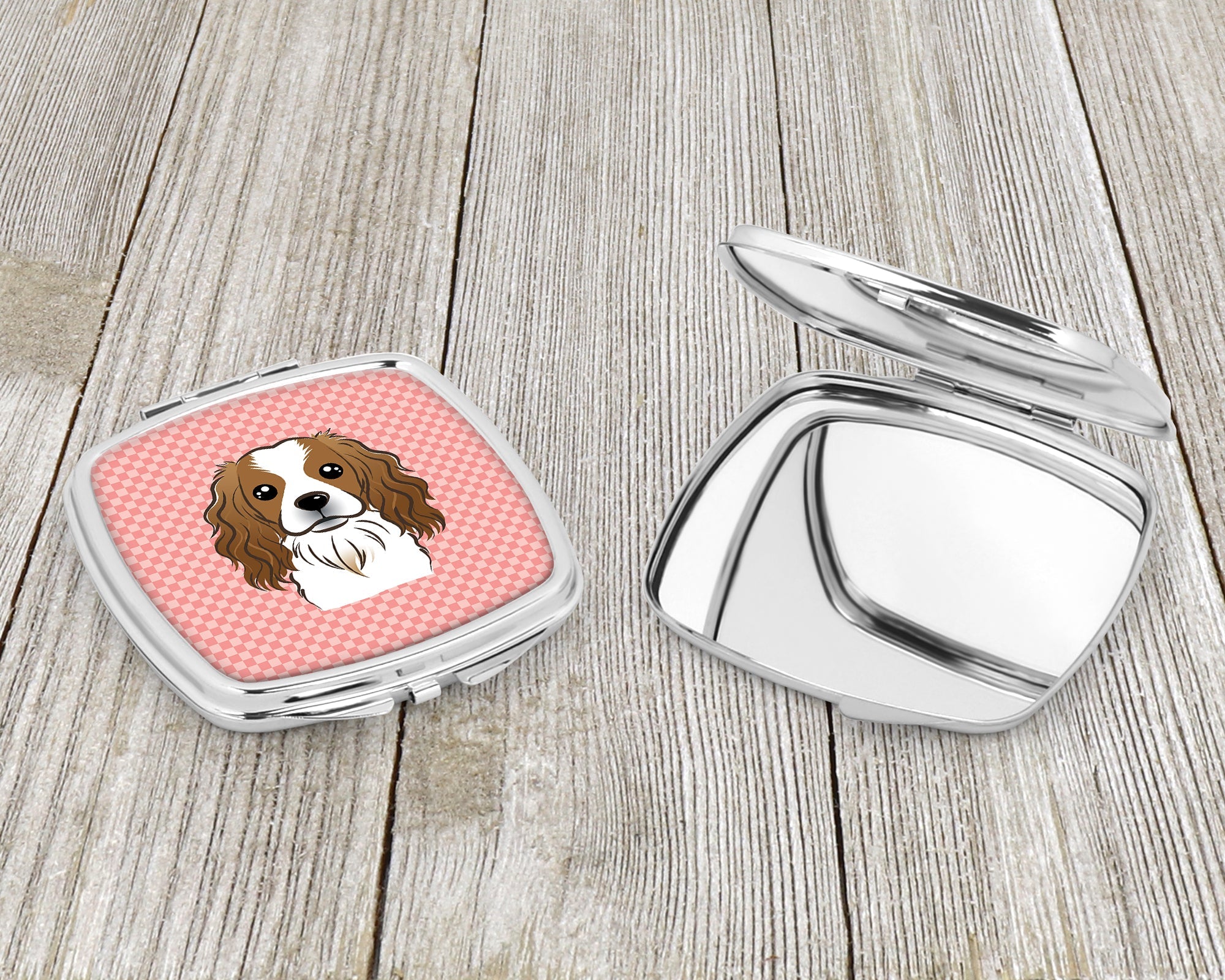 Checkerboard Pink Cavalier Spaniel Compact Mirror Decorative Travel Makeup Mirror for Women Girls Gifts Pocket Makeup Mirror Folding Handheld