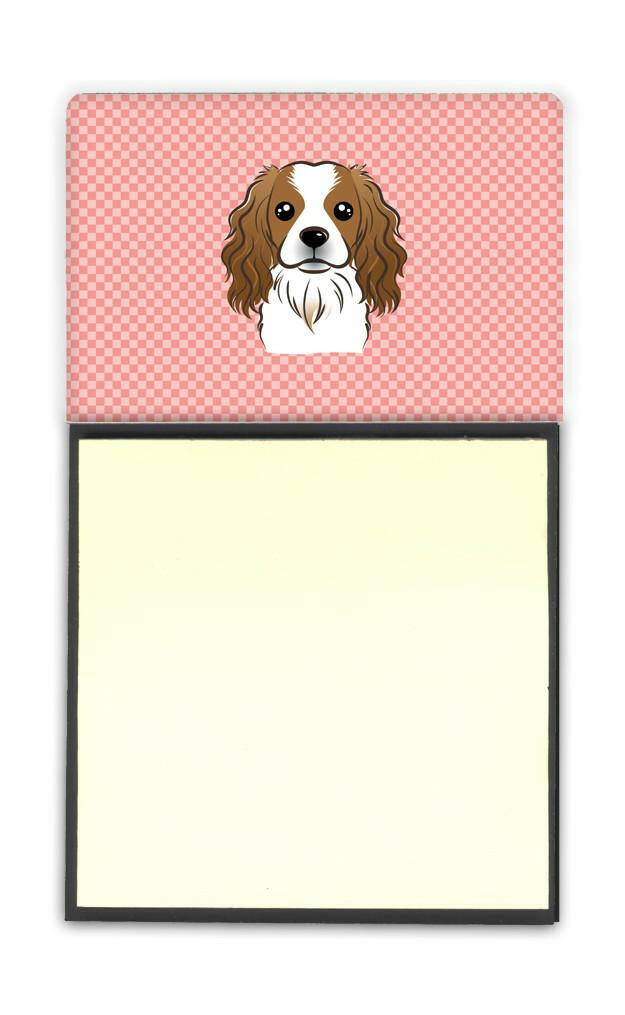 Checkerboard Pink Cavalier Spaniel Watercolor Sticky Note Holder Refillable Dispenser Desk Accessory 3x3 Pad Gift