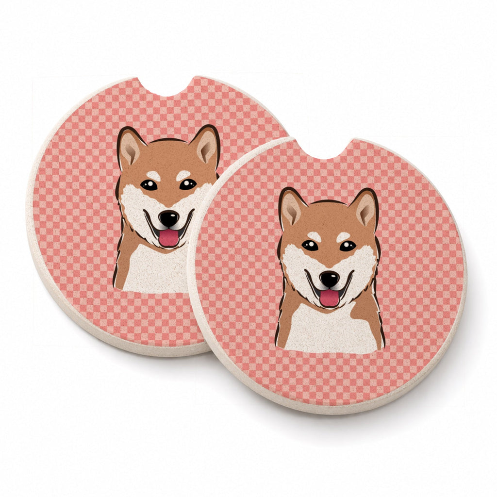 Checkerboard Pink Shiba Inu Set of 2 Cup Holder Car Coasters Absorbent Round Sandstone Coasters Gifts for Men or Women, 2.5, Multicolor