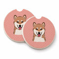 Checkerboard Pink Shiba Inu Set of 2 Cup Holder Car Coasters Absorbent Round Sandstone Coasters Gifts for Men or Women, 2.5, Multicolor