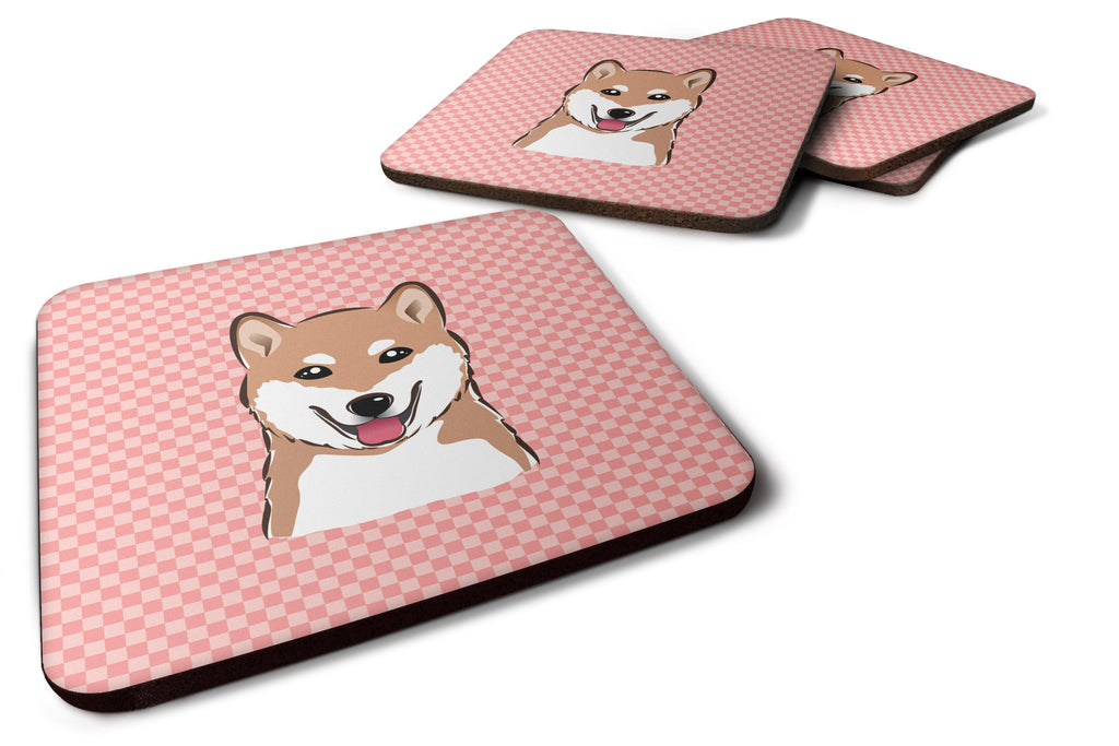 Checkerboard Pink Shiba Inu Foam Coasters Set of 4 Cup Coasters for Indoor Outdoor, Tabletop Protection, Anti Slip, Mouse pad Material