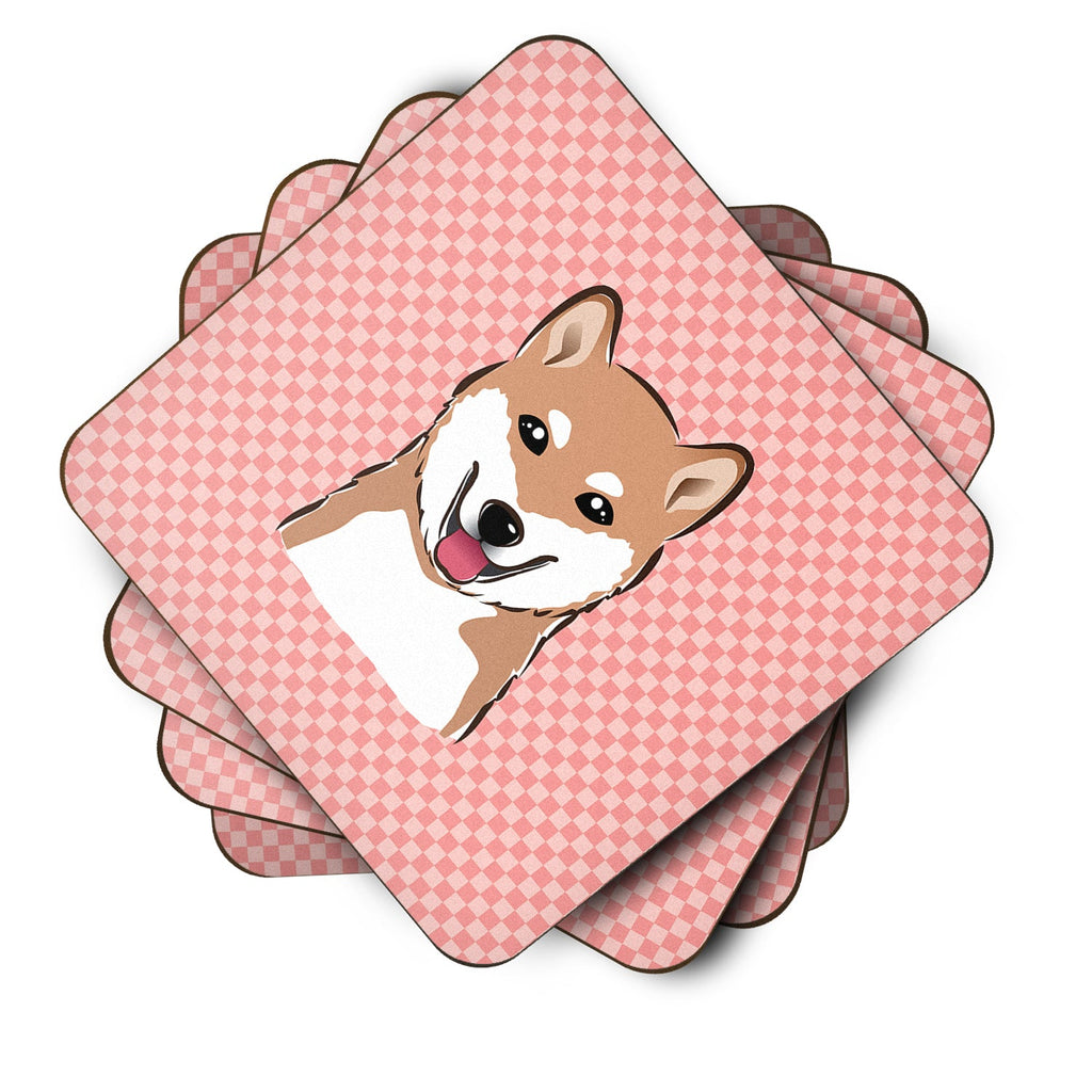 Checkerboard Pink Shiba Inu Foam Coasters Set of 4 Cup Coasters for Indoor Outdoor, Tabletop Protection, Anti Slip, Mouse pad Material