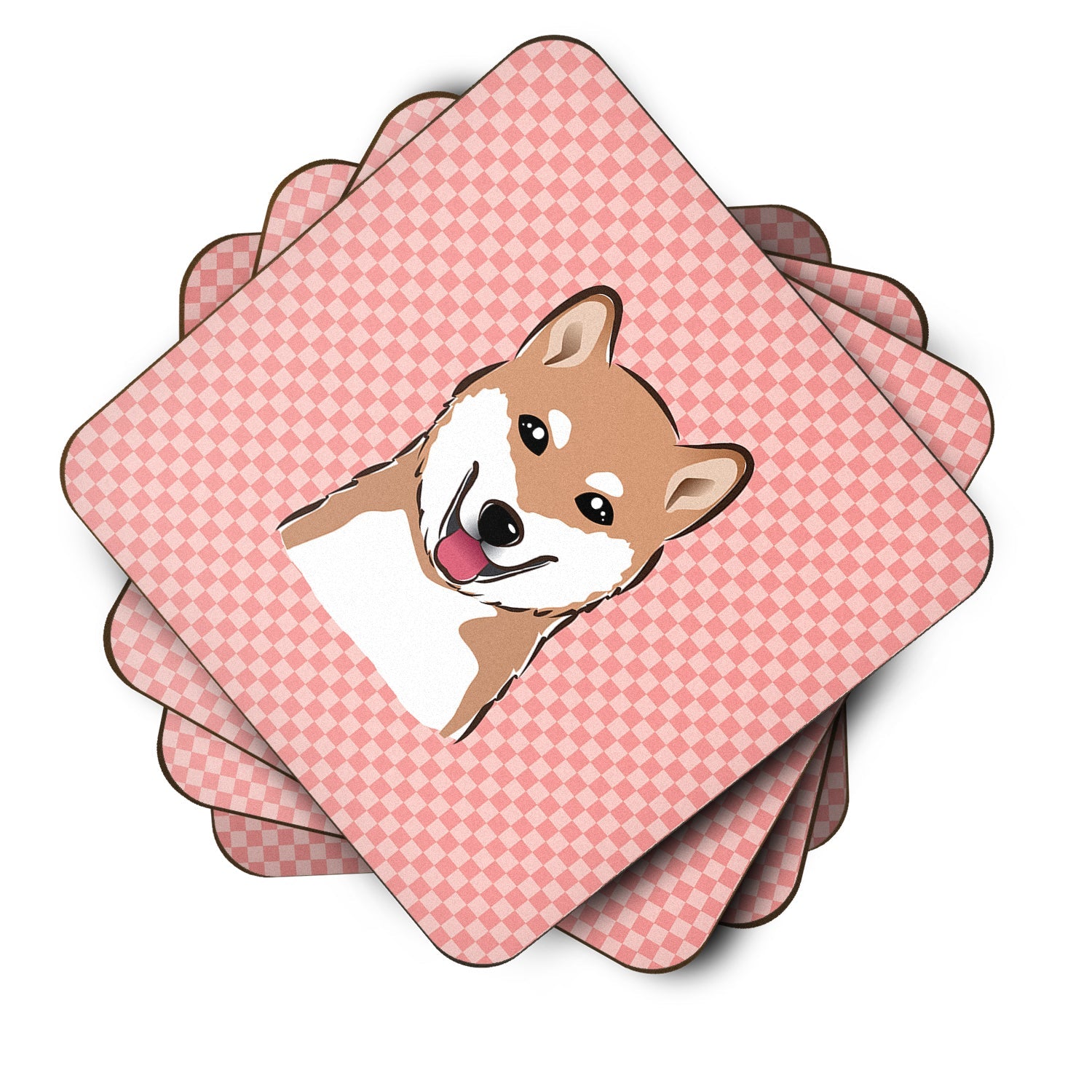Checkerboard Pink Shiba Inu Foam Coasters Set of 4 Cup Coasters for Indoor Outdoor, Tabletop Protection, Anti Slip, Mouse pad Material