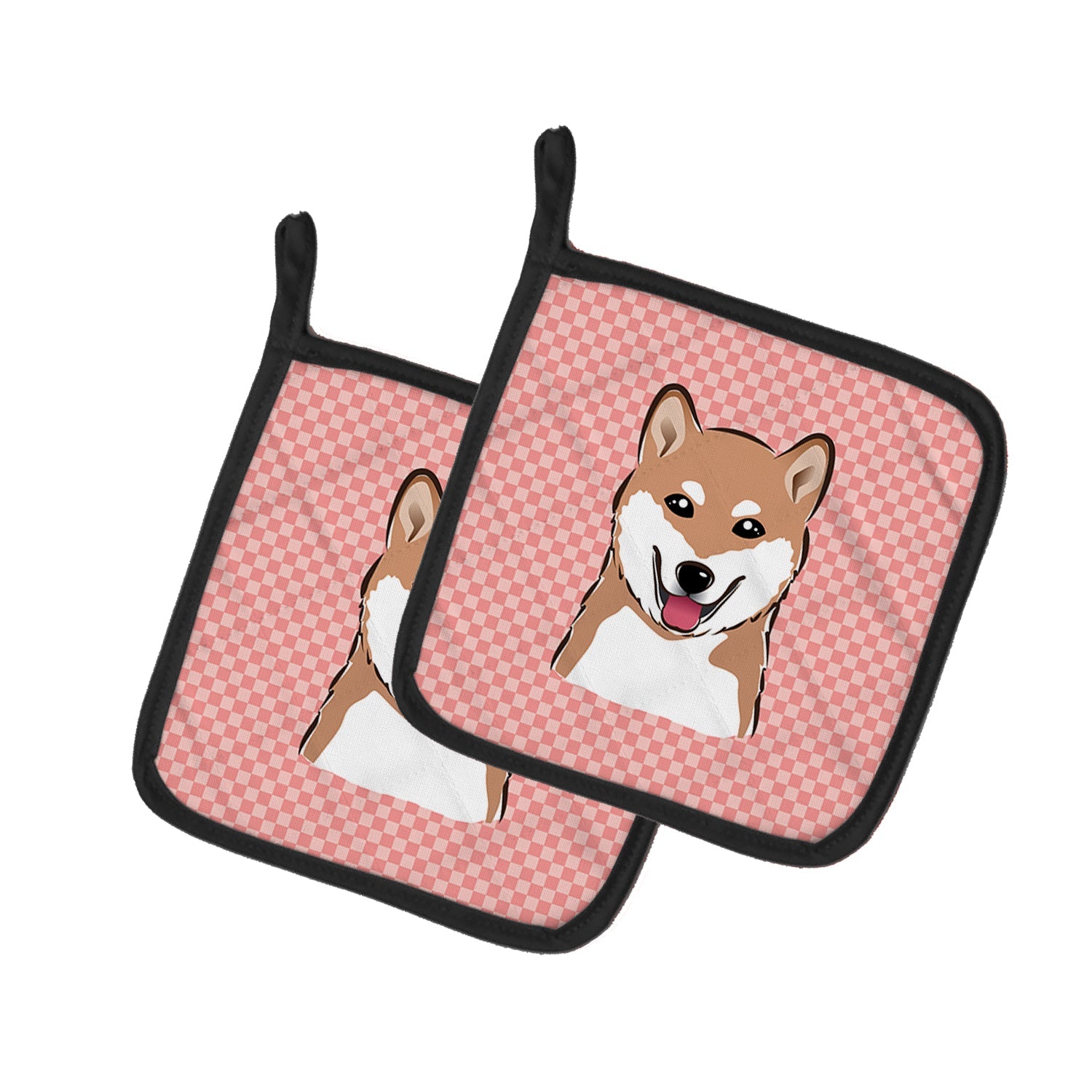 Checkerboard Pink Shiba Inu Pot Holder Set of 2 Heat Resistant Quilted Hot Pads 7.5 x 7.5 Inch, Insulated Kitchen Trivets for Cooking & Baking
