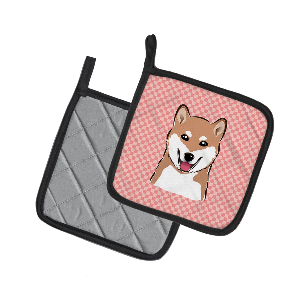 Checkerboard Pink Shiba Inu Pot Holder Set of 2 Heat Resistant Quilted Hot Pads 7.5 x 7.5 Inch, Insulated Kitchen Trivets for Cooking & Baking