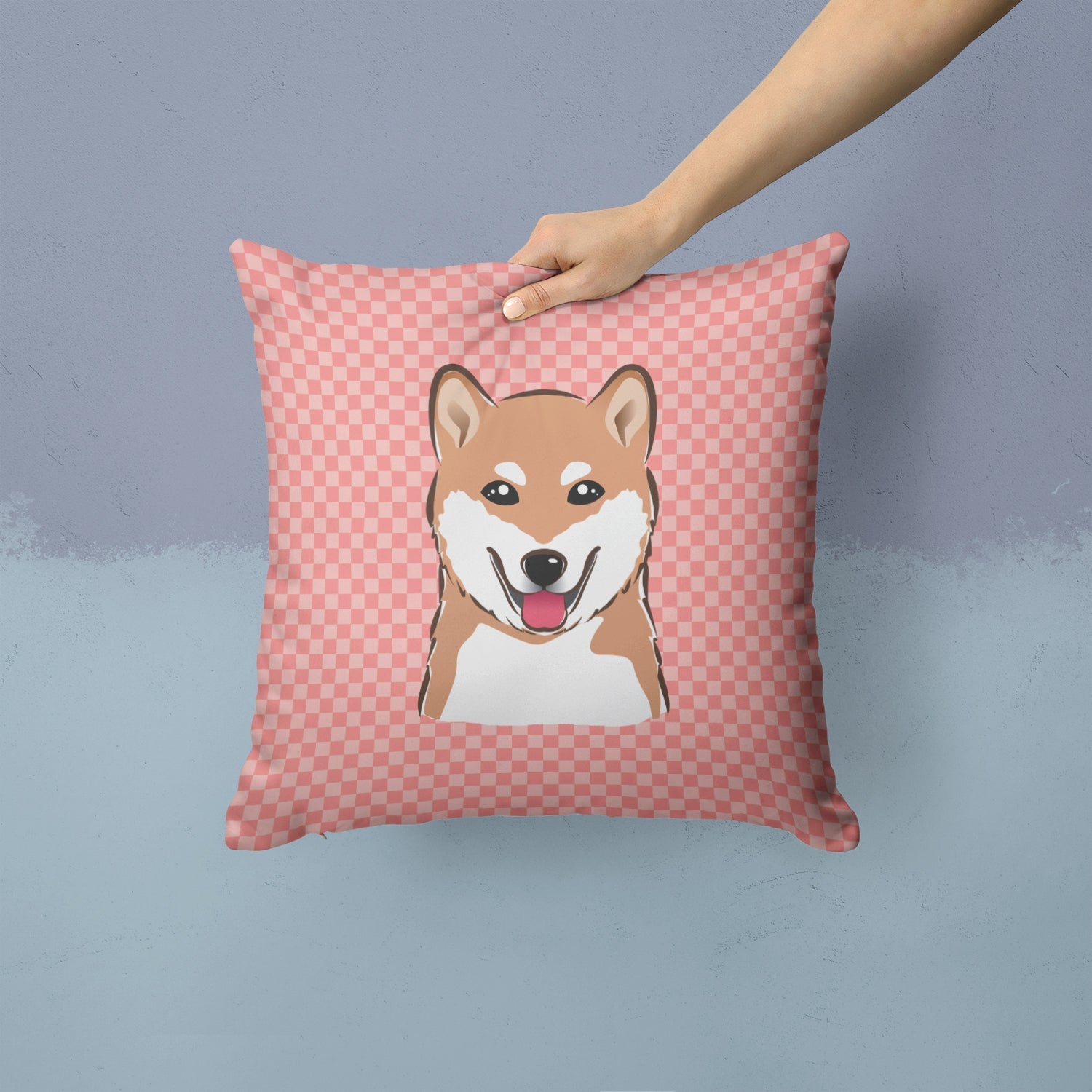 Checkerboard Pink Shiba Inu Decorative Throw Pillow 14x14 Indoor Outdoor Accent Cushion, Fabric Cover with Insert for Sofa, Bed, Porch & Living Room