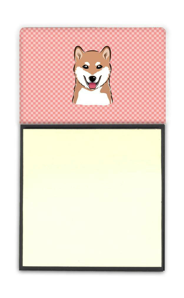 Checkerboard Pink Shiba Inu Watercolor Sticky Note Holder Refillable Dispenser Desk Accessory 3x3 Pad Gift