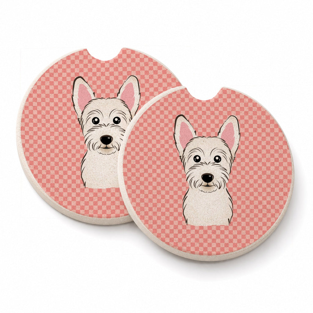 Checkerboard Pink Westie Set of 2 Cup Holder Car Coasters Absorbent Round Sandstone Coasters Gifts for Men or Women, 2.5, Multicolor