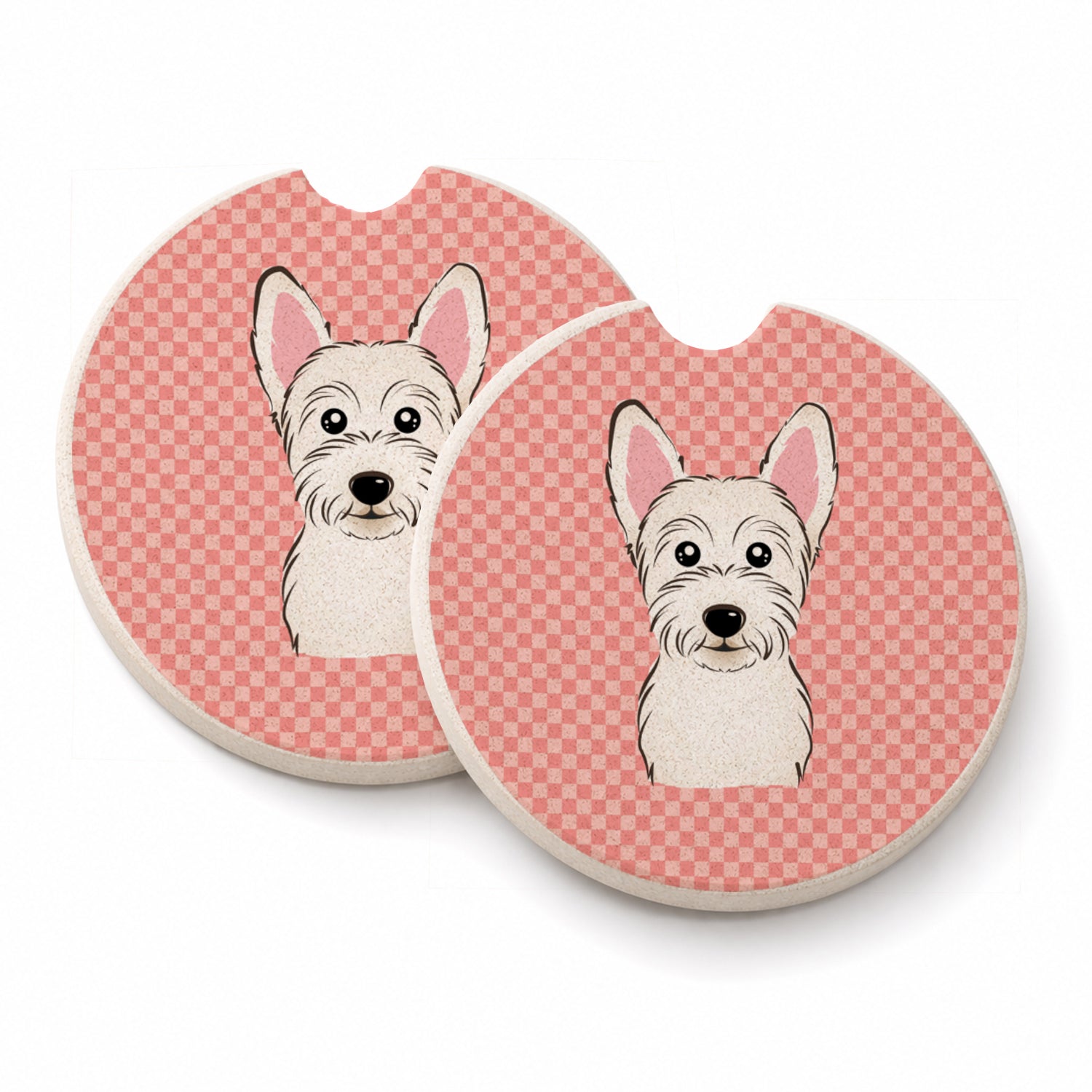 Checkerboard Pink Westie Set of 2 Cup Holder Car Coasters Absorbent Round Sandstone Coasters Gifts for Men or Women, 2.5, Multicolor