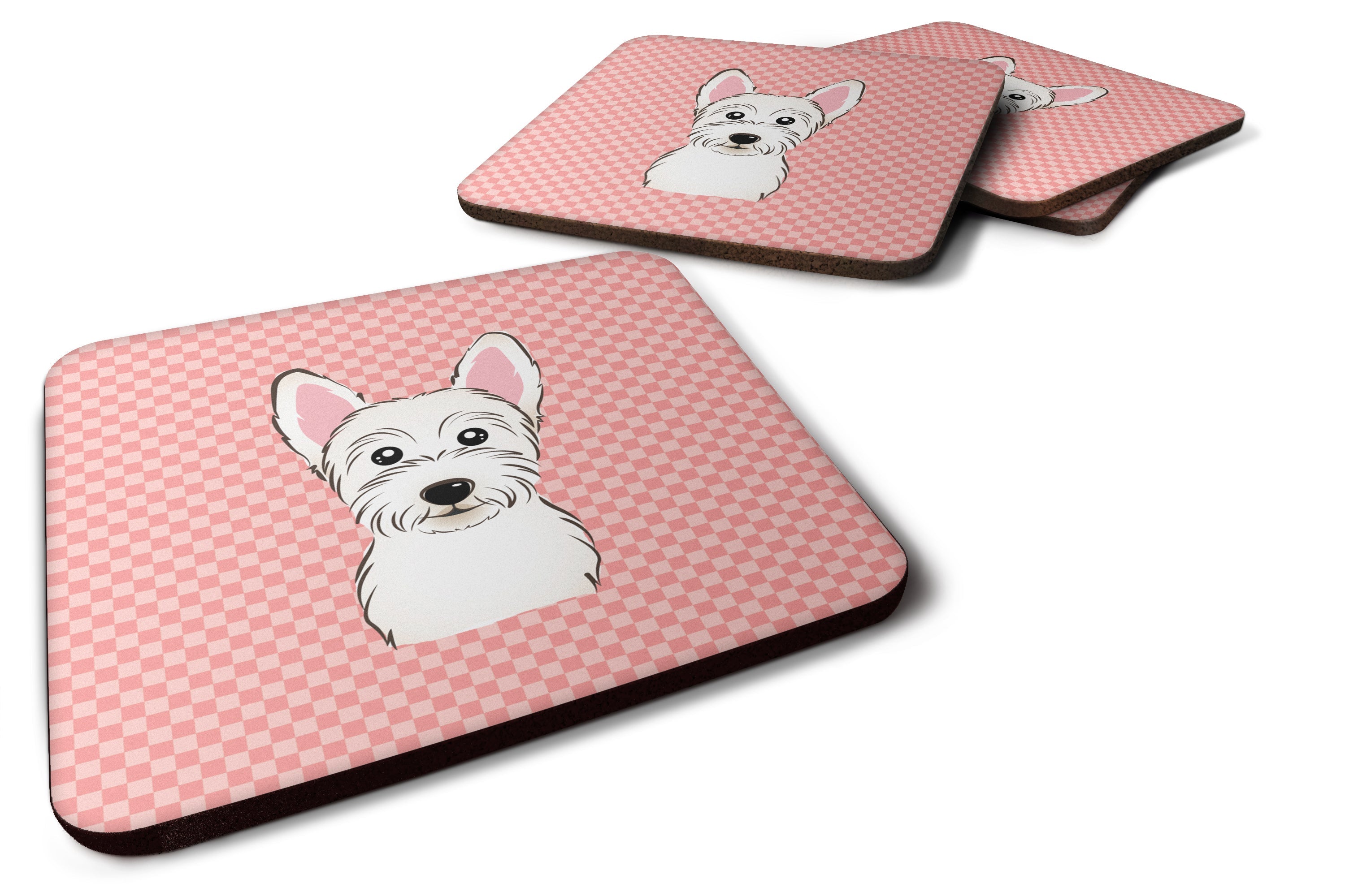 Checkerboard Pink Westie Foam Coasters Set of 4 Cup Coasters for Indoor Outdoor, Tabletop Protection, Anti Slip, Mouse pad Material
