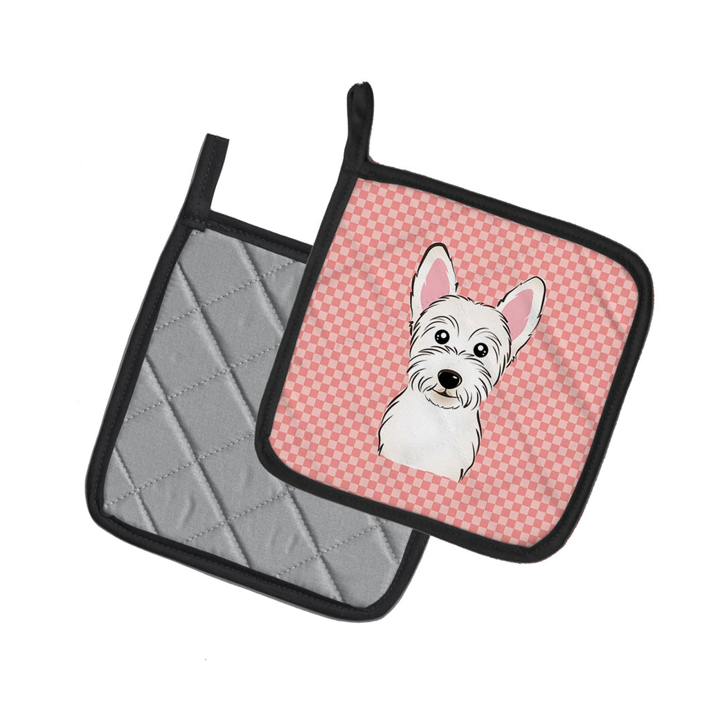 Checkerboard Pink Westie Pot Holder Set of 2 Heat Resistant Quilted Hot Pads 7.5 x 7.5 Inch, Insulated Kitchen Trivets for Cooking & Baking