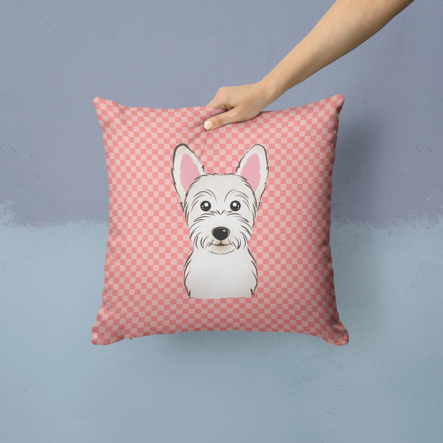 Checkerboard Pink Westie Decorative Throw Pillow 14x14 Indoor Outdoor Accent Cushion, Fabric Cover with Insert for Sofa, Bed, Porch & Living Room