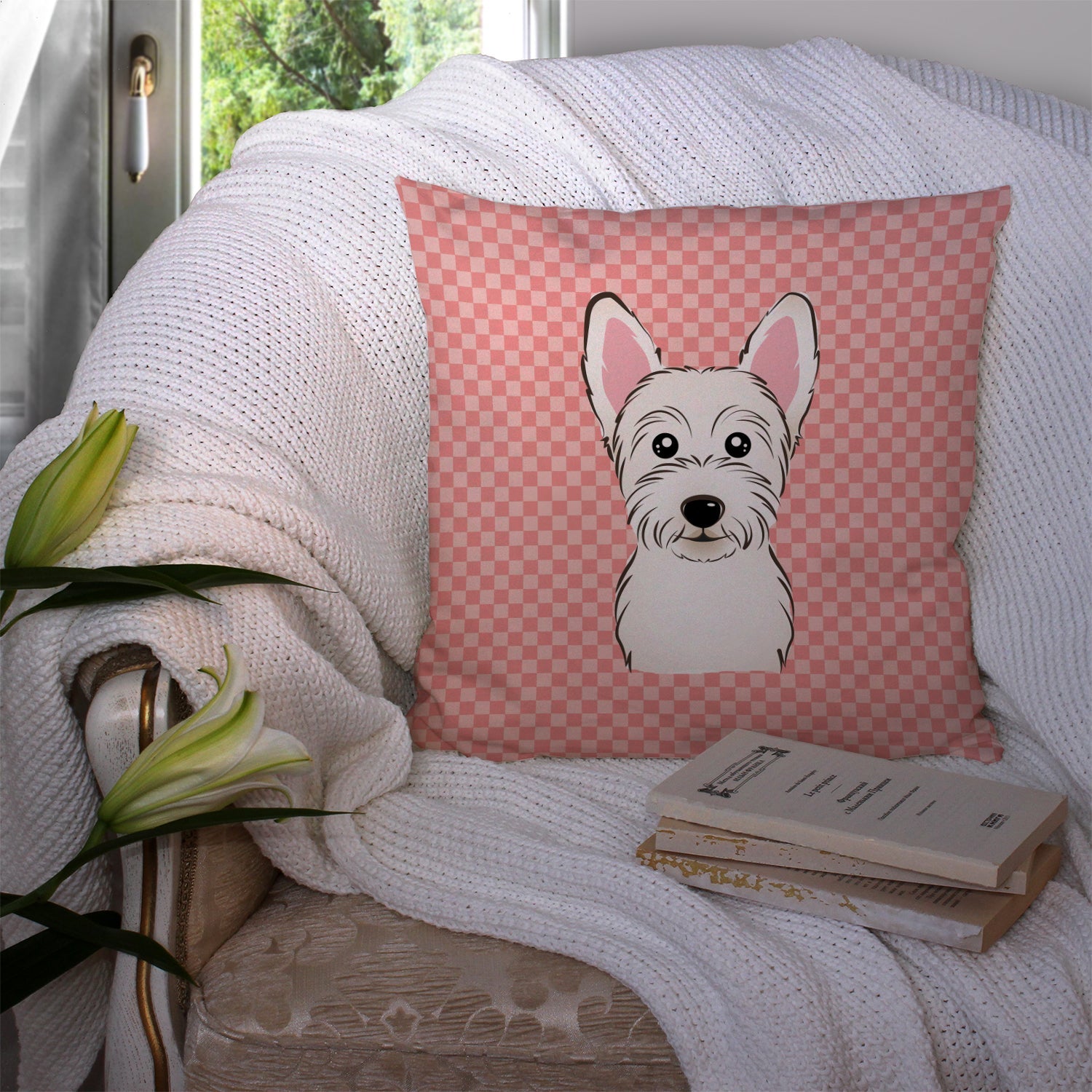 Checkerboard Pink Westie Decorative Throw Pillow 14x14 Indoor Outdoor Accent Cushion, Fabric Cover with Insert for Sofa, Bed, Porch & Living Room