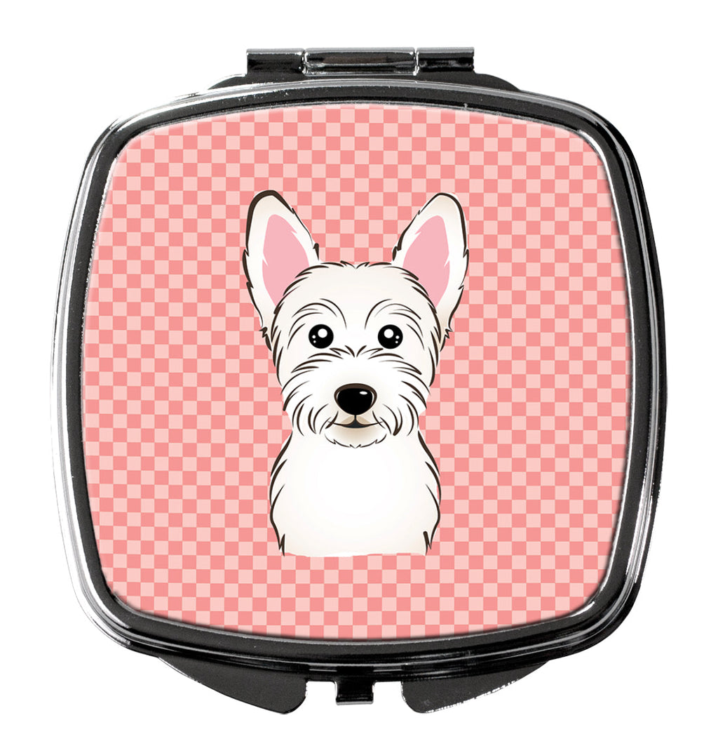 Checkerboard Pink Westie Compact Mirror Decorative Travel Makeup Mirror for Women Girls Gifts Pocket Makeup Mirror Folding Handheld