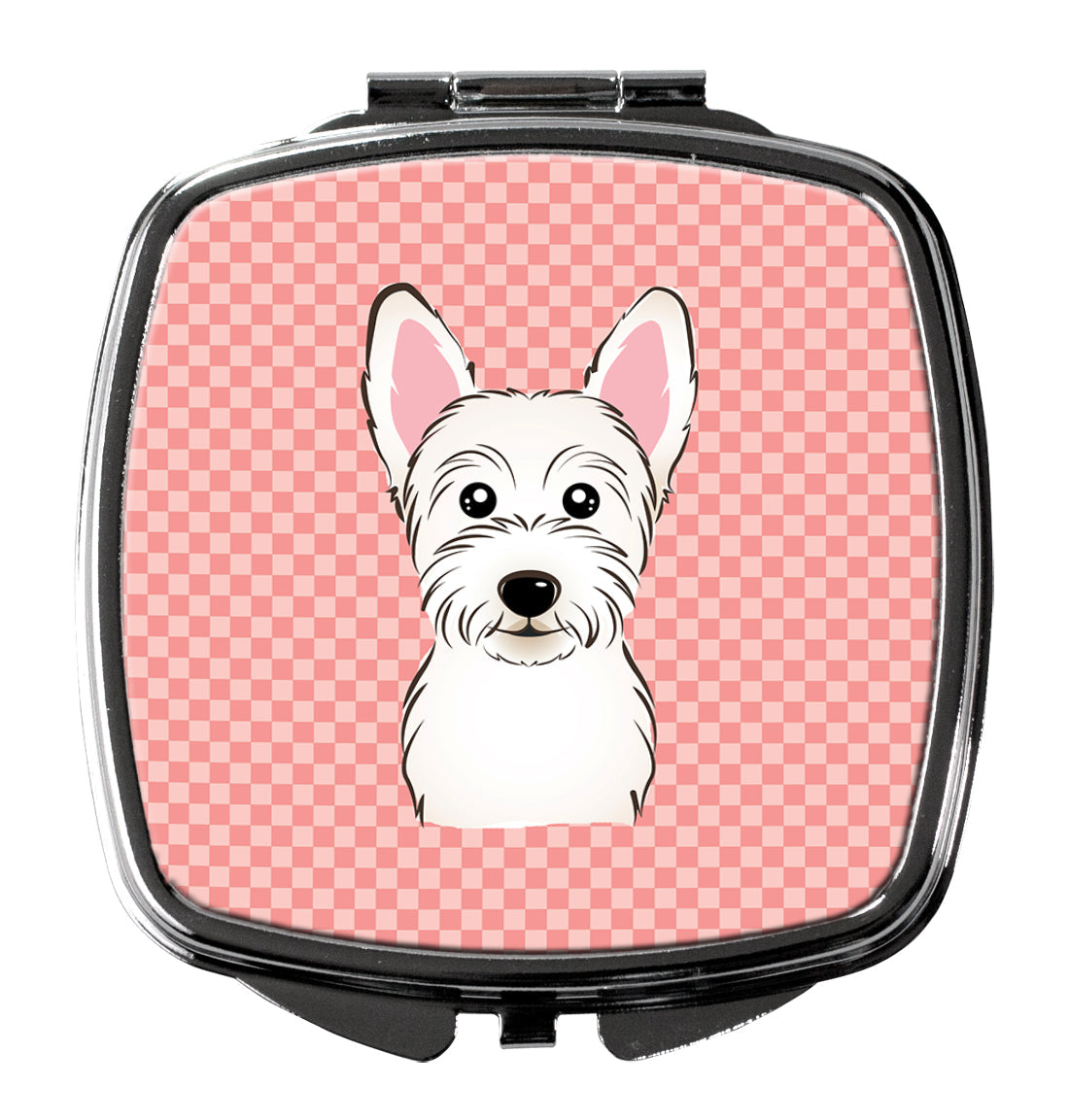 Checkerboard Pink Westie Compact Mirror Decorative Travel Makeup Mirror for Women Girls Gifts Pocket Makeup Mirror Folding Handheld