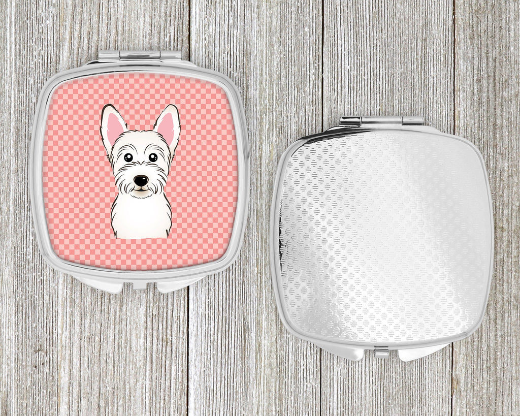 Checkerboard Pink Westie Compact Mirror Decorative Travel Makeup Mirror for Women Girls Gifts Pocket Makeup Mirror Folding Handheld