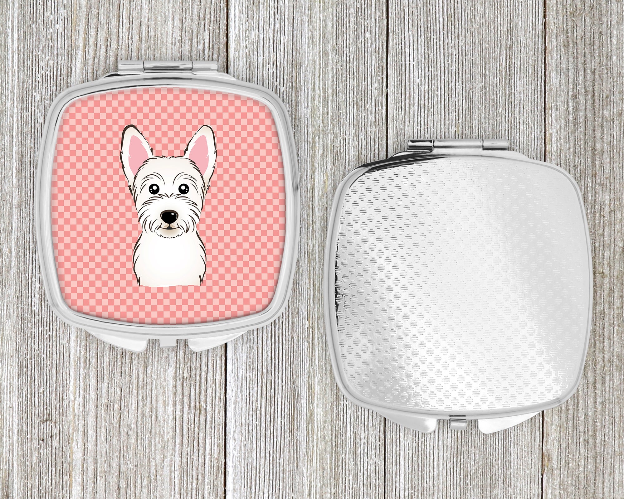 Checkerboard Pink Westie Compact Mirror Decorative Travel Makeup Mirror for Women Girls Gifts Pocket Makeup Mirror Folding Handheld