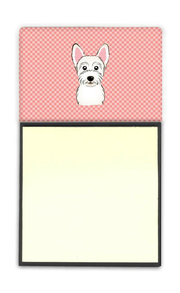 Checkerboard Pink Westie Watercolor Sticky Note Holder Refillable Dispenser Desk Accessory 3x3 Pad Gift