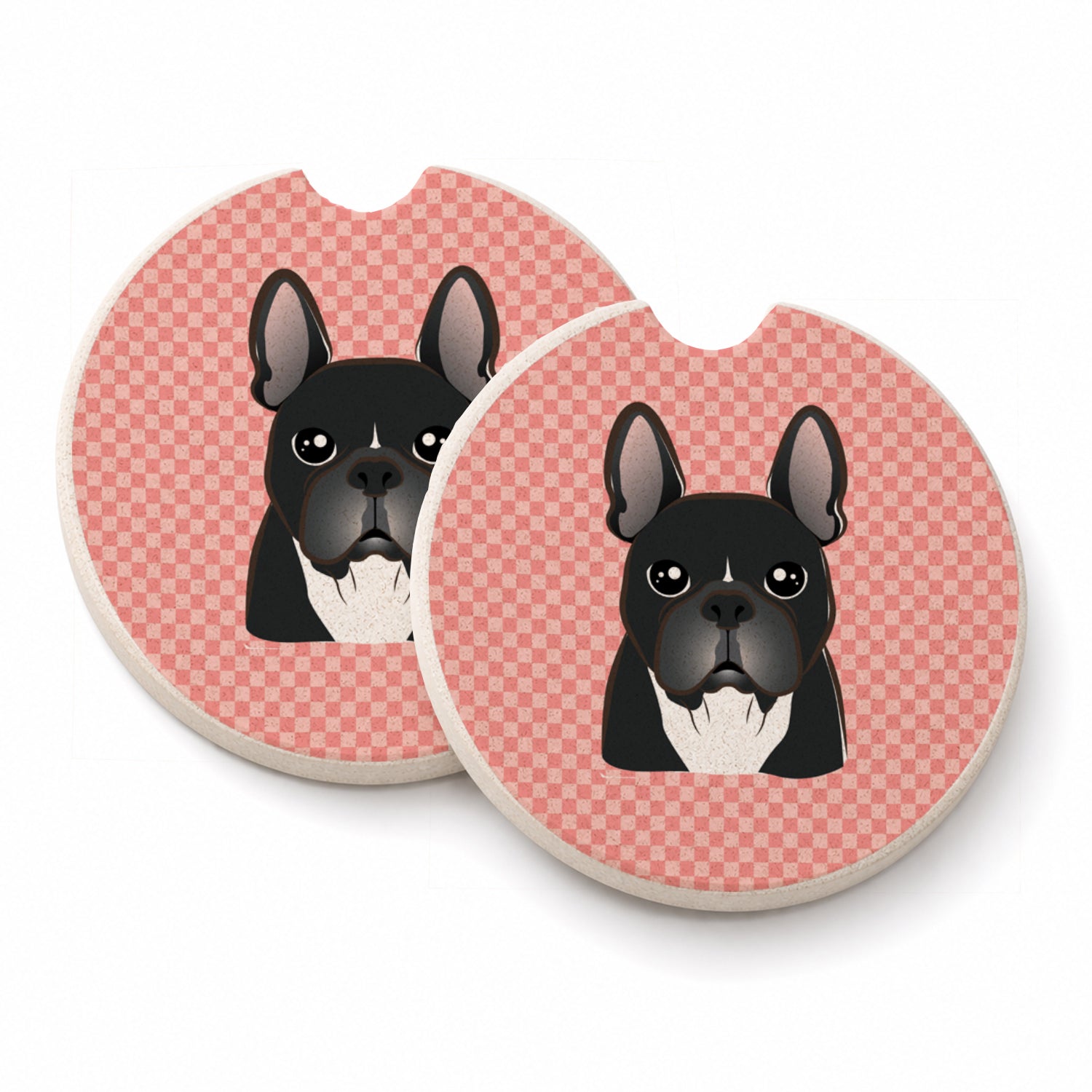 Checkerboard Pink French Bulldog Set of 2 Cup Holder Car Coasters Absorbent Round Sandstone Coasters Gifts for Men or Women, 2.5, Multicolor