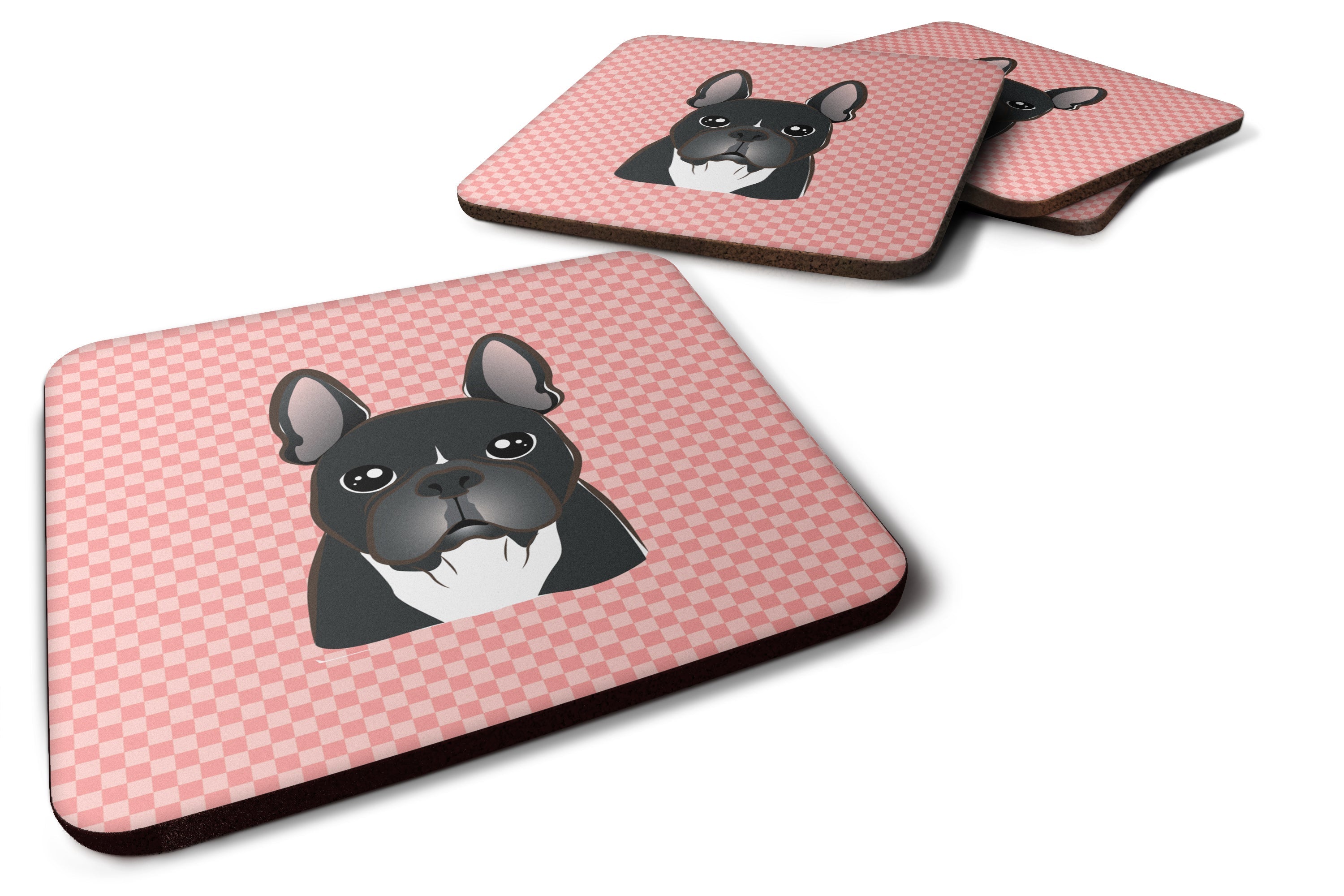 Checkerboard Pink French Bulldog Foam Coasters Set of 4 Cup Coasters for Indoor Outdoor, Tabletop Protection, Anti Slip, Mouse pad Material