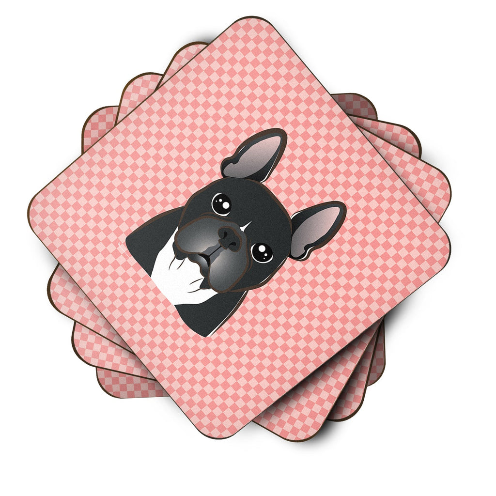 Checkerboard Pink French Bulldog Foam Coasters Set of 4 Cup Coasters for Indoor Outdoor, Tabletop Protection, Anti Slip, Mouse pad Material