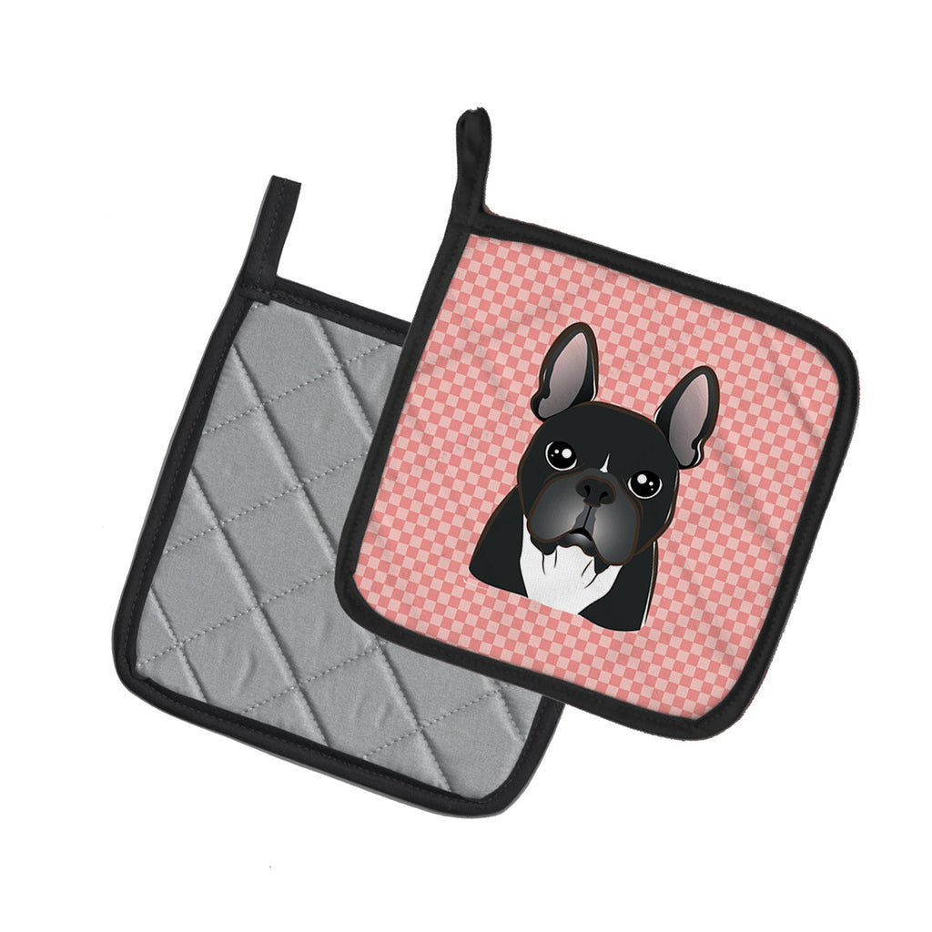 Checkerboard Pink French Bulldog Pot Holder Set of 2 Heat Resistant Quilted Hot Pads 7.5 x 7.5 Inch, Insulated Kitchen Trivets for Cooking & Baking