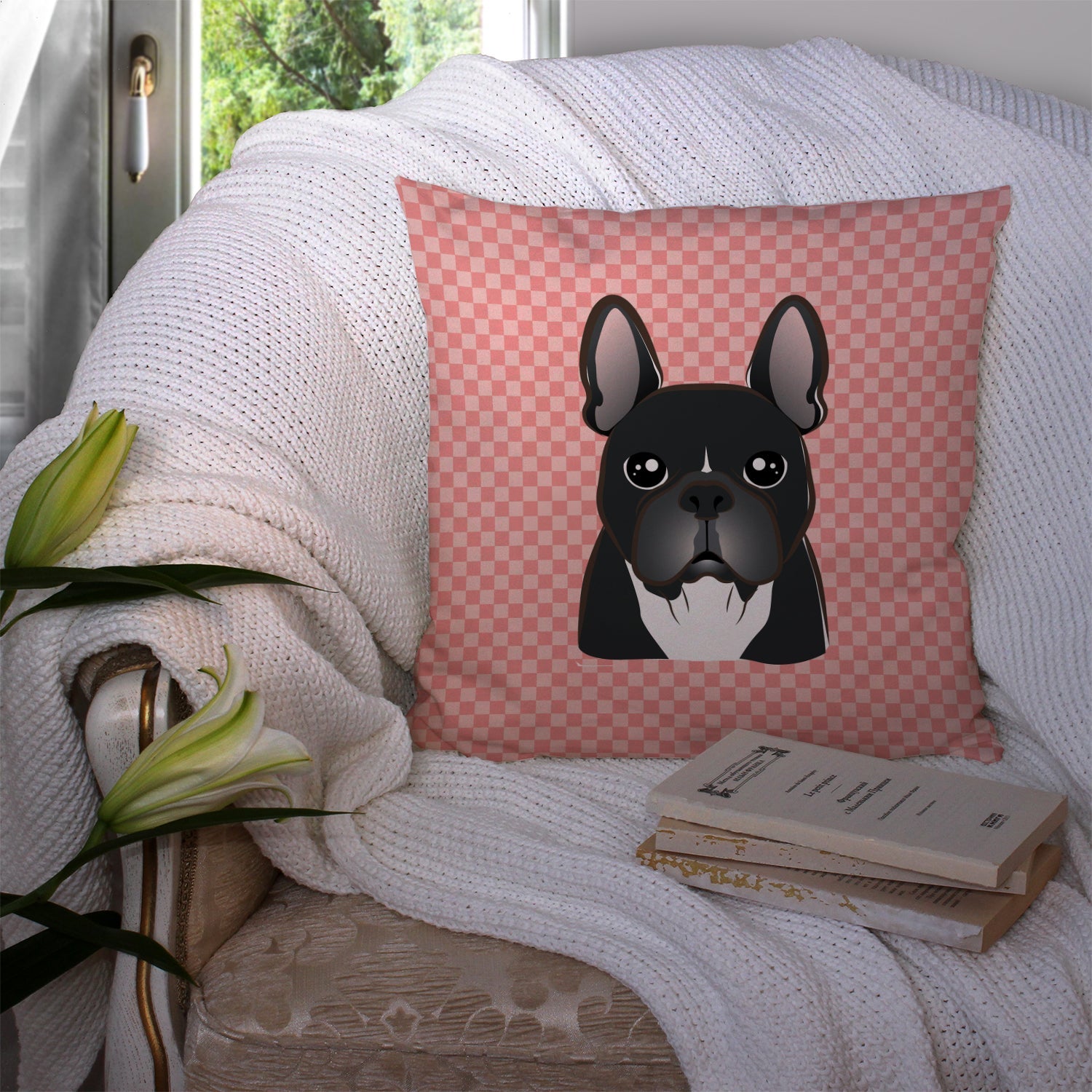 Checkerboard Pink French Bulldog Decorative Throw Pillow 14x14 Indoor Outdoor Accent Cushion, Fabric Cover with Insert for Sofa, Bed, Porch & Living Room