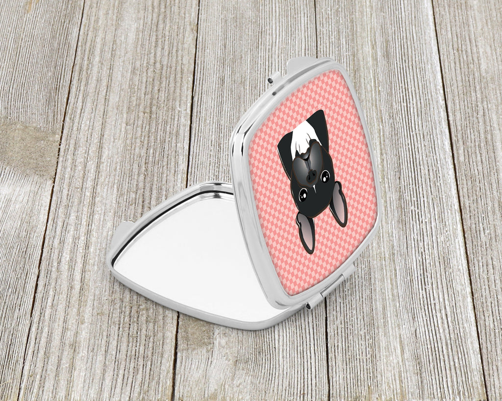 Checkerboard Pink French Bulldog Compact Mirror Decorative Travel Makeup Mirror for Women Girls Gifts Pocket Makeup Mirror Folding Handheld