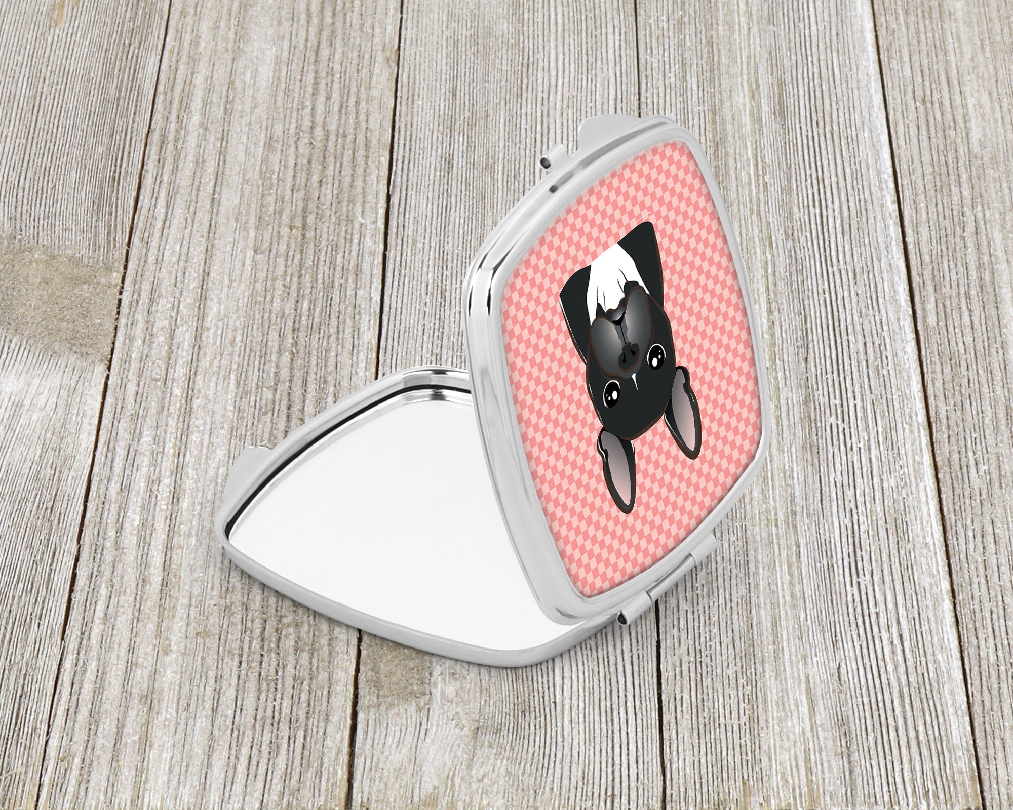 Checkerboard Pink French Bulldog Compact Mirror Decorative Travel Makeup Mirror for Women Girls Gifts Pocket Makeup Mirror Folding Handheld