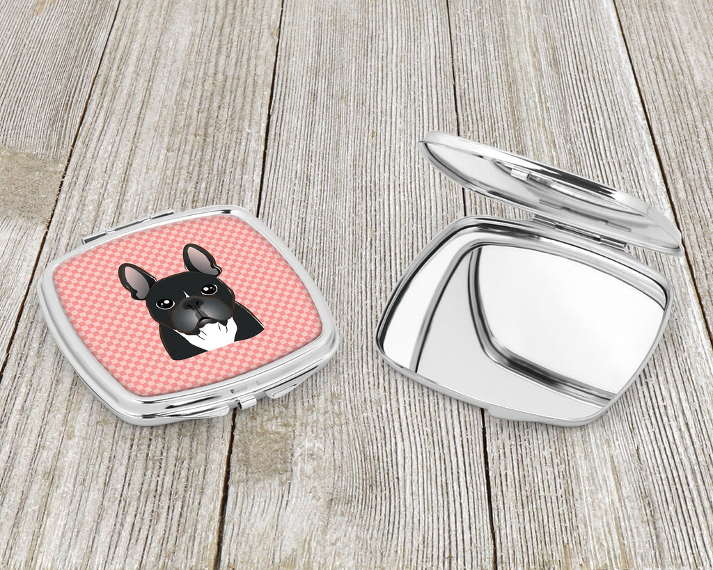 Checkerboard Pink French Bulldog Compact Mirror Decorative Travel Makeup Mirror for Women Girls Gifts Pocket Makeup Mirror Folding Handheld