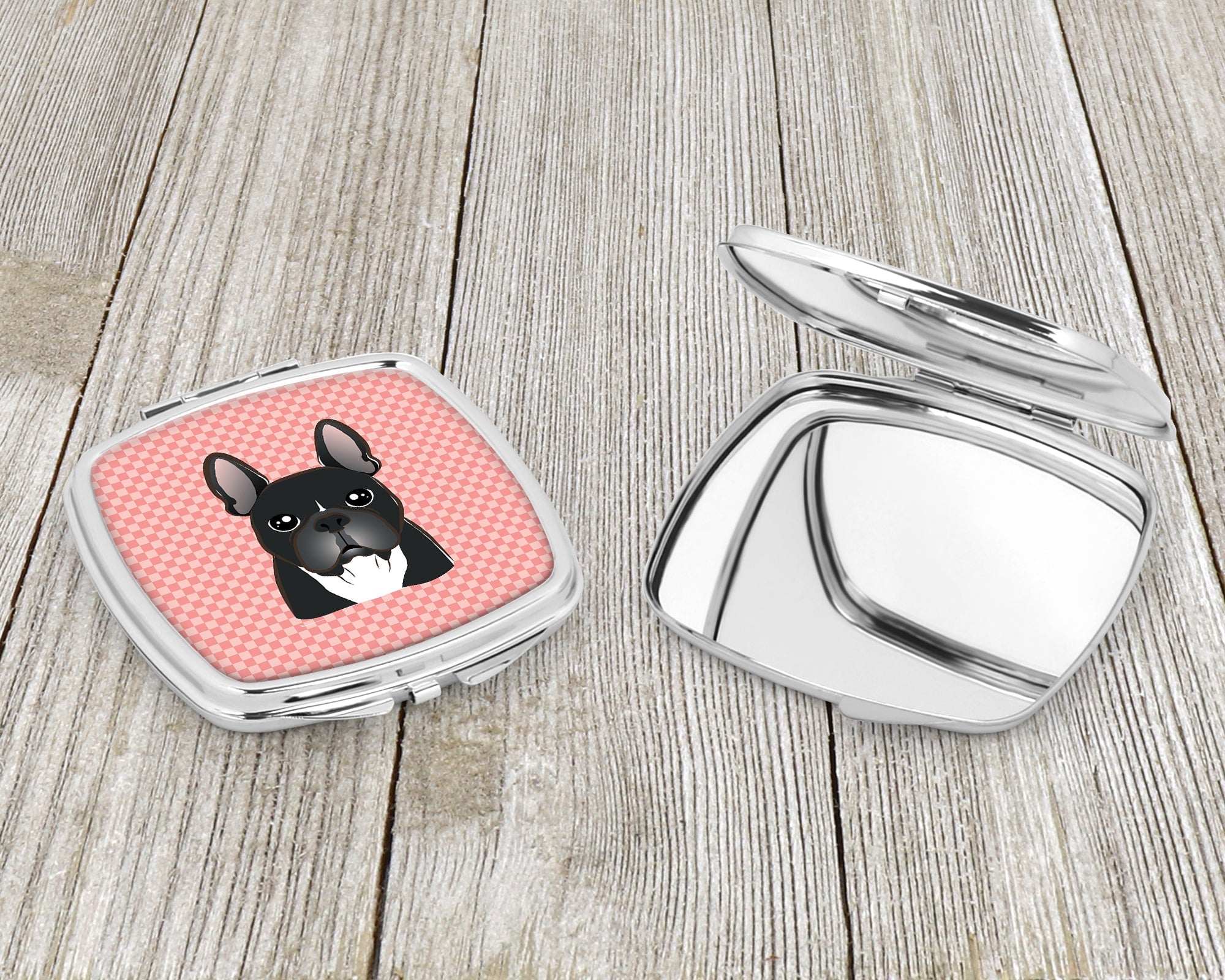 Checkerboard Pink French Bulldog Compact Mirror Decorative Travel Makeup Mirror for Women Girls Gifts Pocket Makeup Mirror Folding Handheld