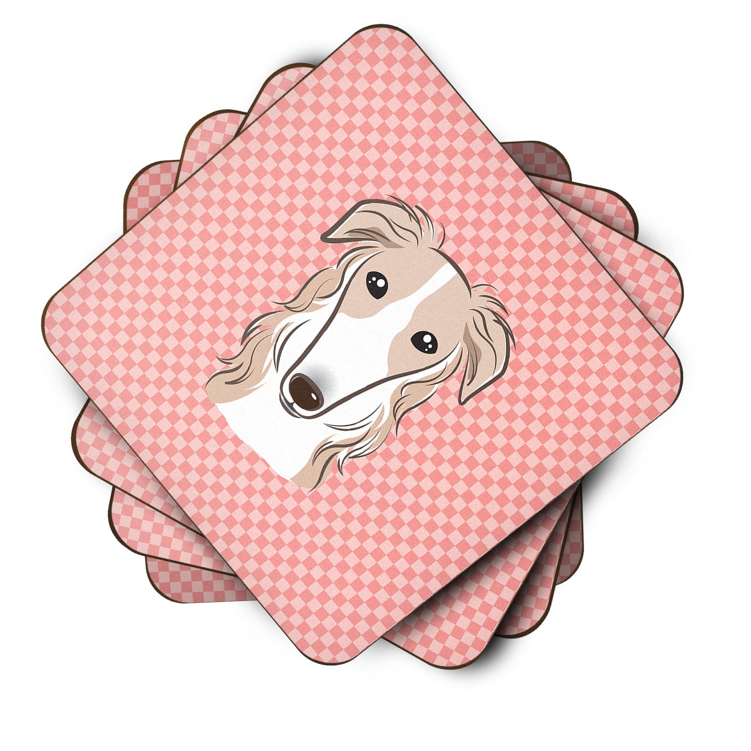 Checkerboard Pink Borzoi Foam Coasters Set of 4 Cup Coasters for Indoor Outdoor, Tabletop Protection, Anti Slip, Mouse pad Material