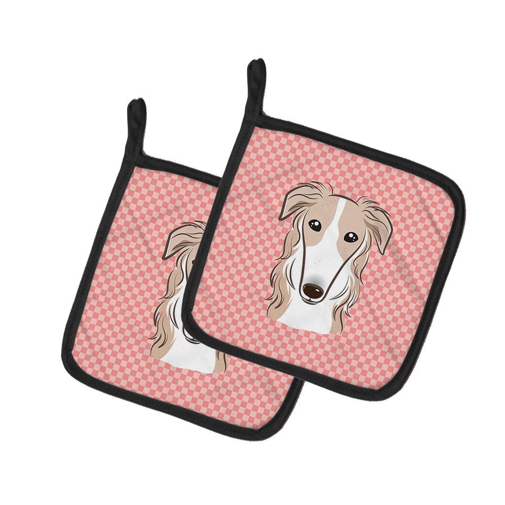 Checkerboard Pink Borzoi Pot Holder Set of 2 Heat Resistant Quilted Hot Pads 7.5 x 7.5 Inch, Insulated Kitchen Trivets for Cooking & Baking