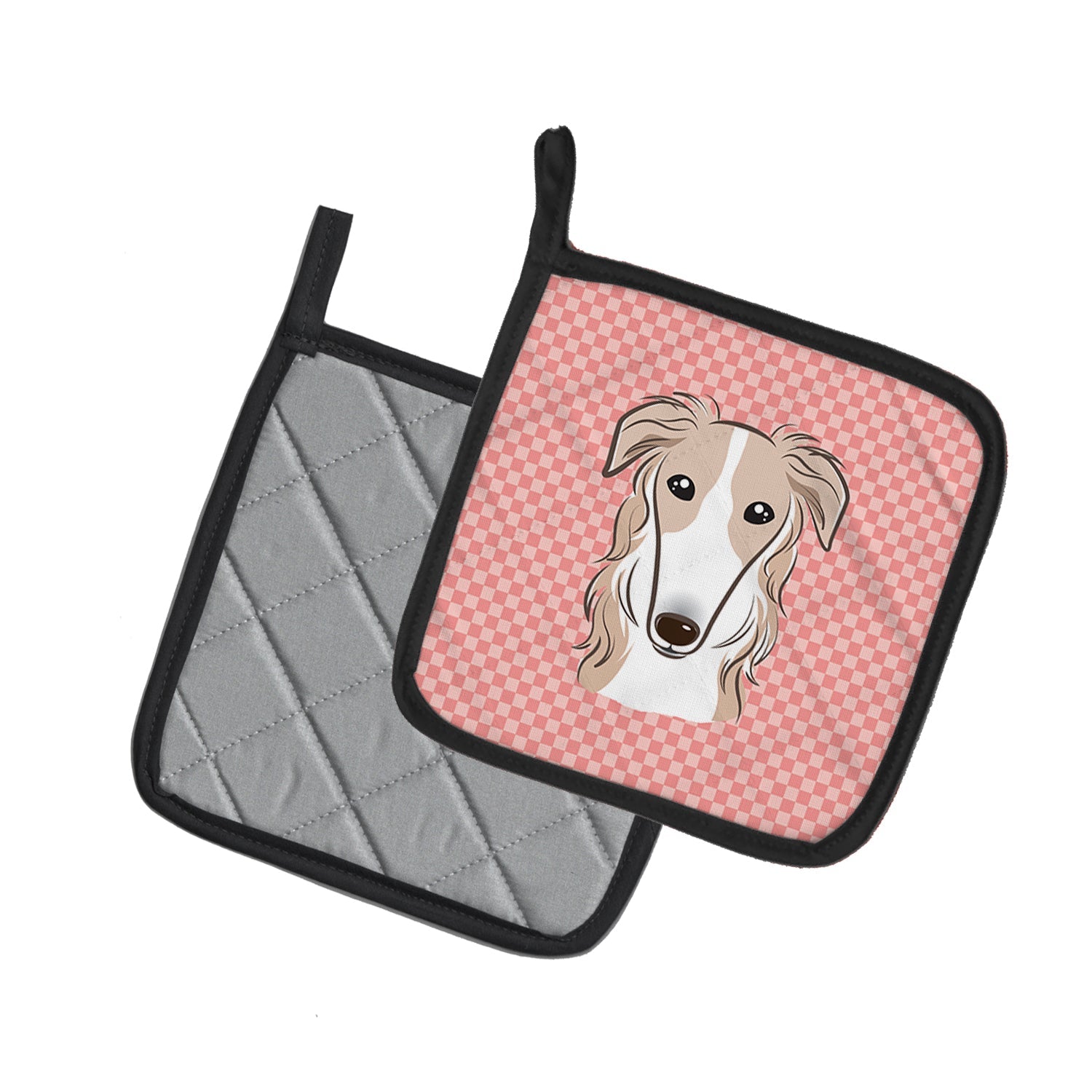 Checkerboard Pink Borzoi Pot Holder Set of 2 Heat Resistant Quilted Hot Pads 7.5 x 7.5 Inch, Insulated Kitchen Trivets for Cooking & Baking